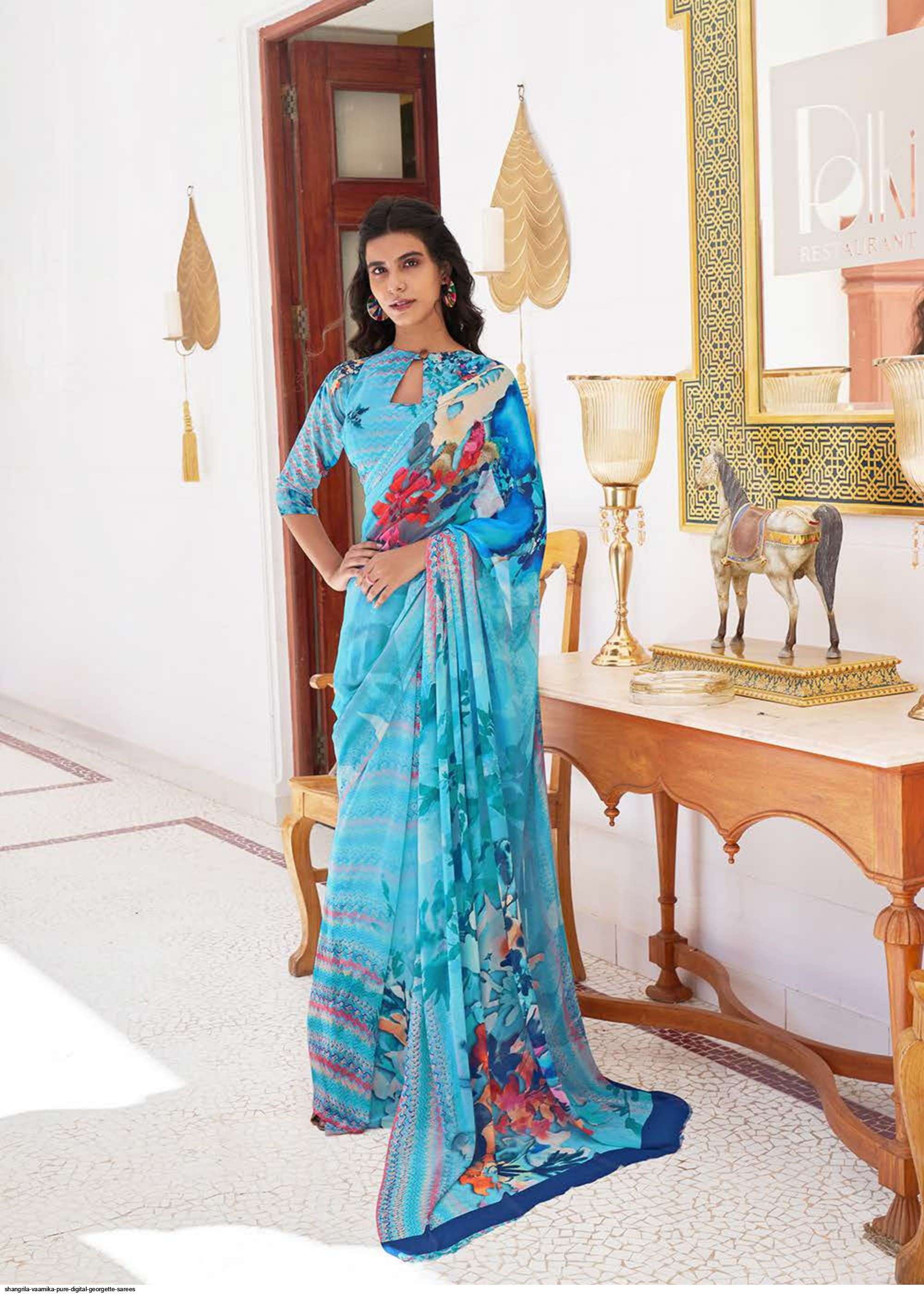 VAAMIKA PURE BY SHANGRILA 70281 TO 70288 SERIES INDIAN TRADITIONAL WEAR COLLECTION BEAUTIFUL STYLISH FANCY COLORFUL PARTY WEAR & OCCASIONAL WEAR GEORGETTE PRINT SAREES AT WHOLESALE PRICE