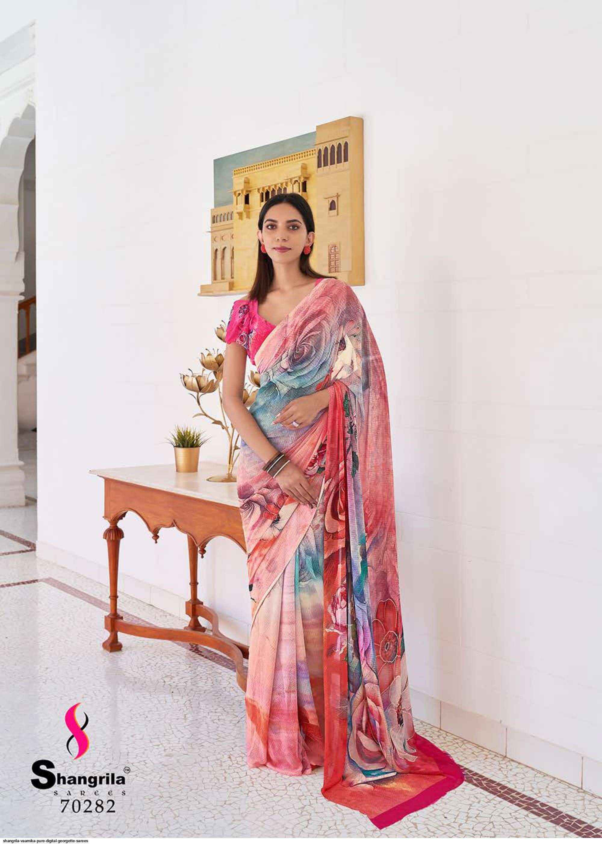 VAAMIKA PURE BY SHANGRILA 70281 TO 70288 SERIES INDIAN TRADITIONAL WEAR COLLECTION BEAUTIFUL STYLISH FANCY COLORFUL PARTY WEAR & OCCASIONAL WEAR GEORGETTE PRINT SAREES AT WHOLESALE PRICE