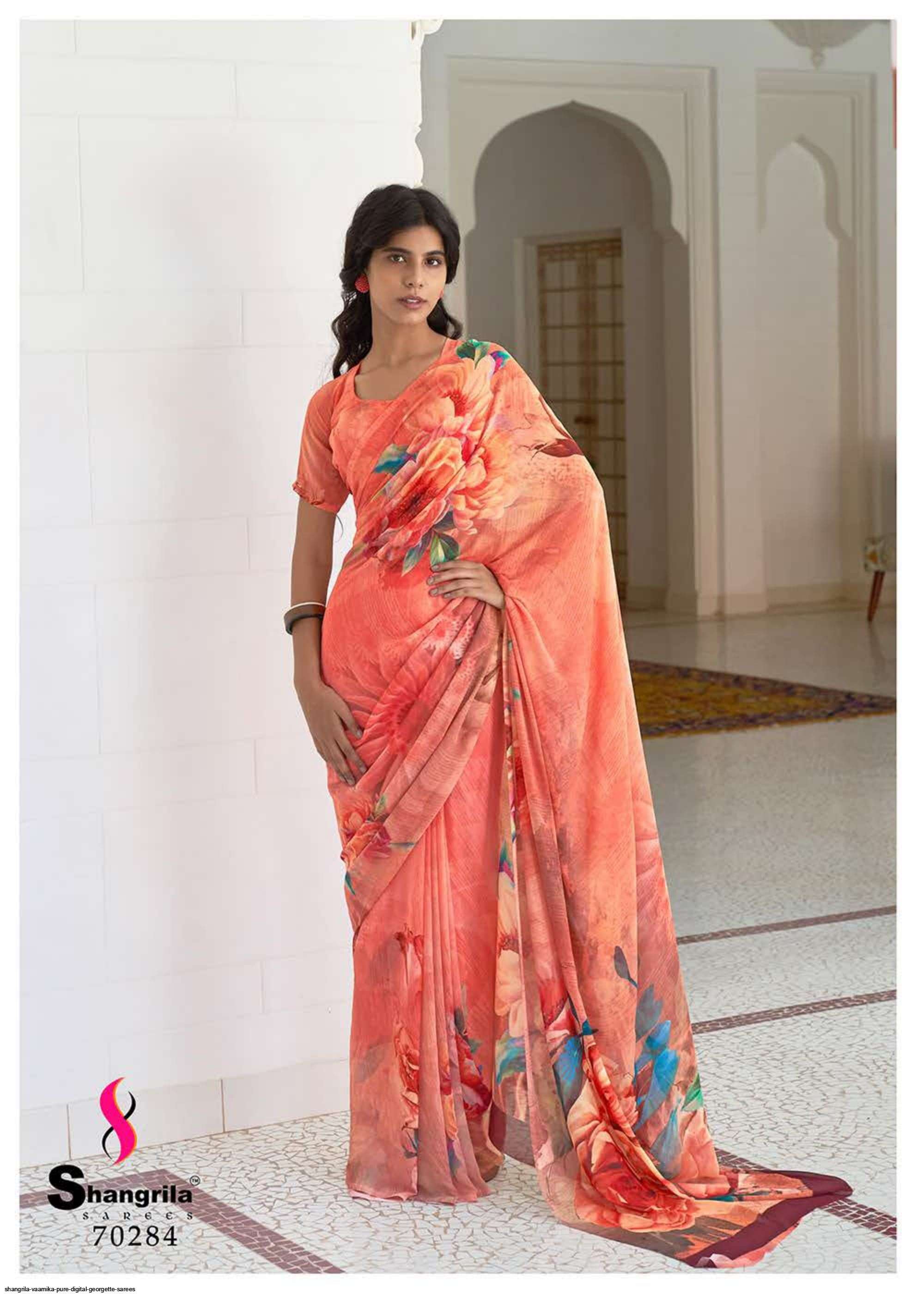 VAAMIKA PURE BY SHANGRILA 70281 TO 70288 SERIES INDIAN TRADITIONAL WEAR COLLECTION BEAUTIFUL STYLISH FANCY COLORFUL PARTY WEAR & OCCASIONAL WEAR GEORGETTE PRINT SAREES AT WHOLESALE PRICE