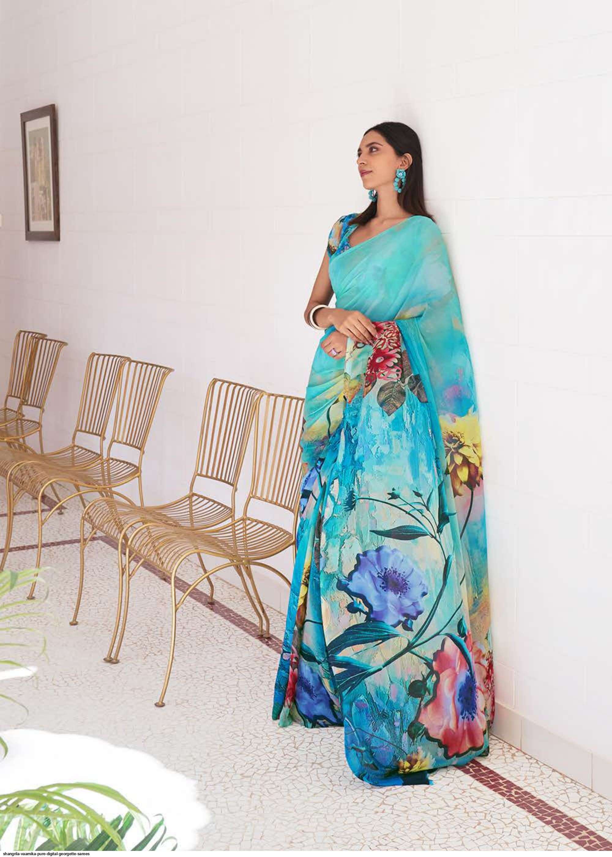 VAAMIKA PURE BY SHANGRILA 70281 TO 70288 SERIES INDIAN TRADITIONAL WEAR COLLECTION BEAUTIFUL STYLISH FANCY COLORFUL PARTY WEAR & OCCASIONAL WEAR GEORGETTE PRINT SAREES AT WHOLESALE PRICE