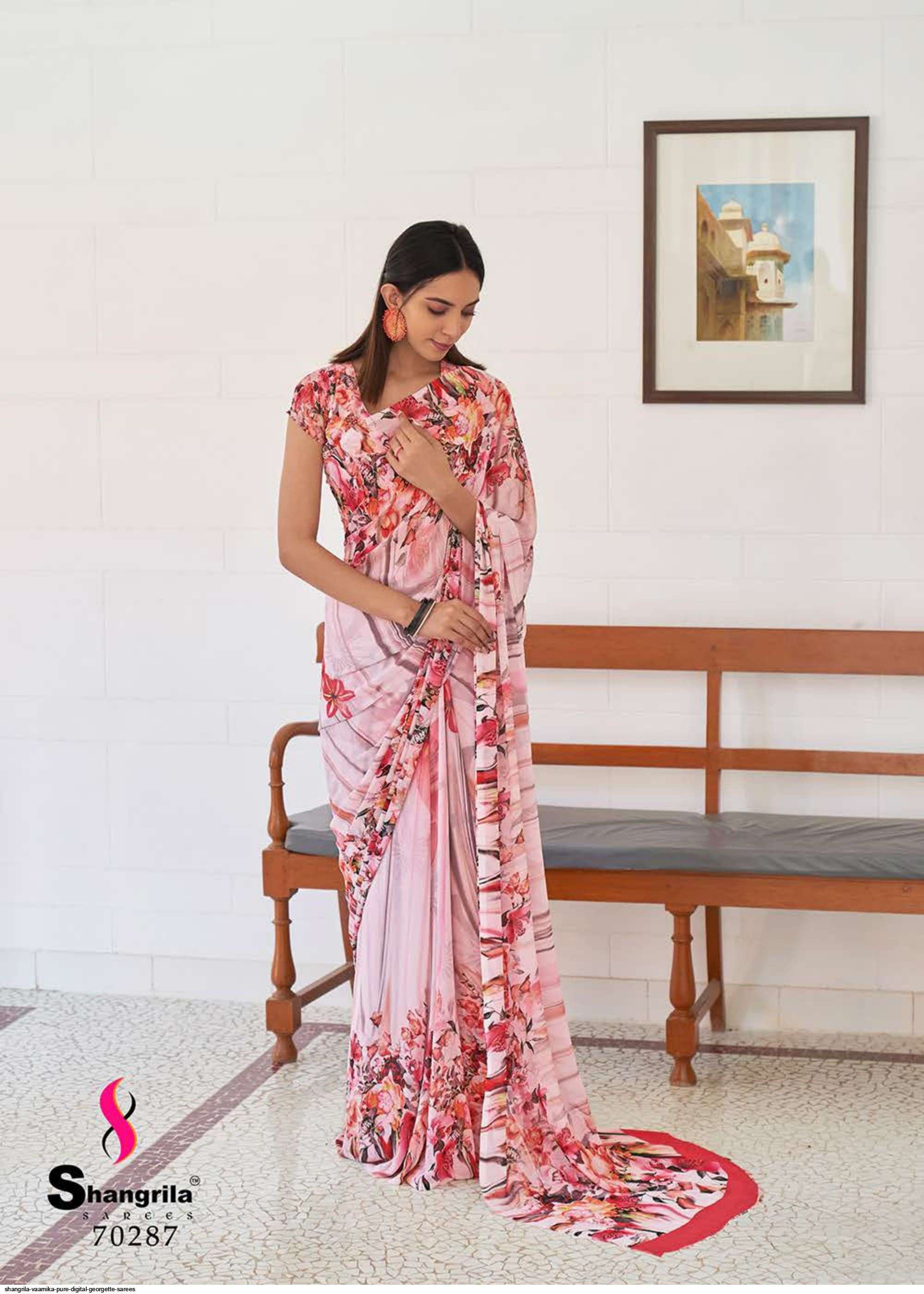 VAAMIKA PURE BY SHANGRILA 70281 TO 70288 SERIES INDIAN TRADITIONAL WEAR COLLECTION BEAUTIFUL STYLISH FANCY COLORFUL PARTY WEAR & OCCASIONAL WEAR GEORGETTE PRINT SAREES AT WHOLESALE PRICE
