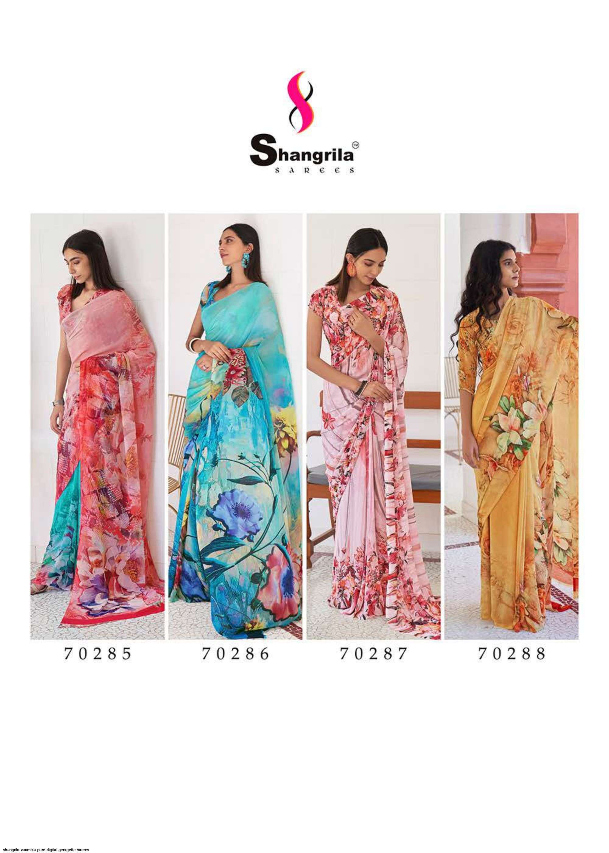 VAAMIKA PURE BY SHANGRILA 70281 TO 70288 SERIES INDIAN TRADITIONAL WEAR COLLECTION BEAUTIFUL STYLISH FANCY COLORFUL PARTY WEAR & OCCASIONAL WEAR GEORGETTE PRINT SAREES AT WHOLESALE PRICE