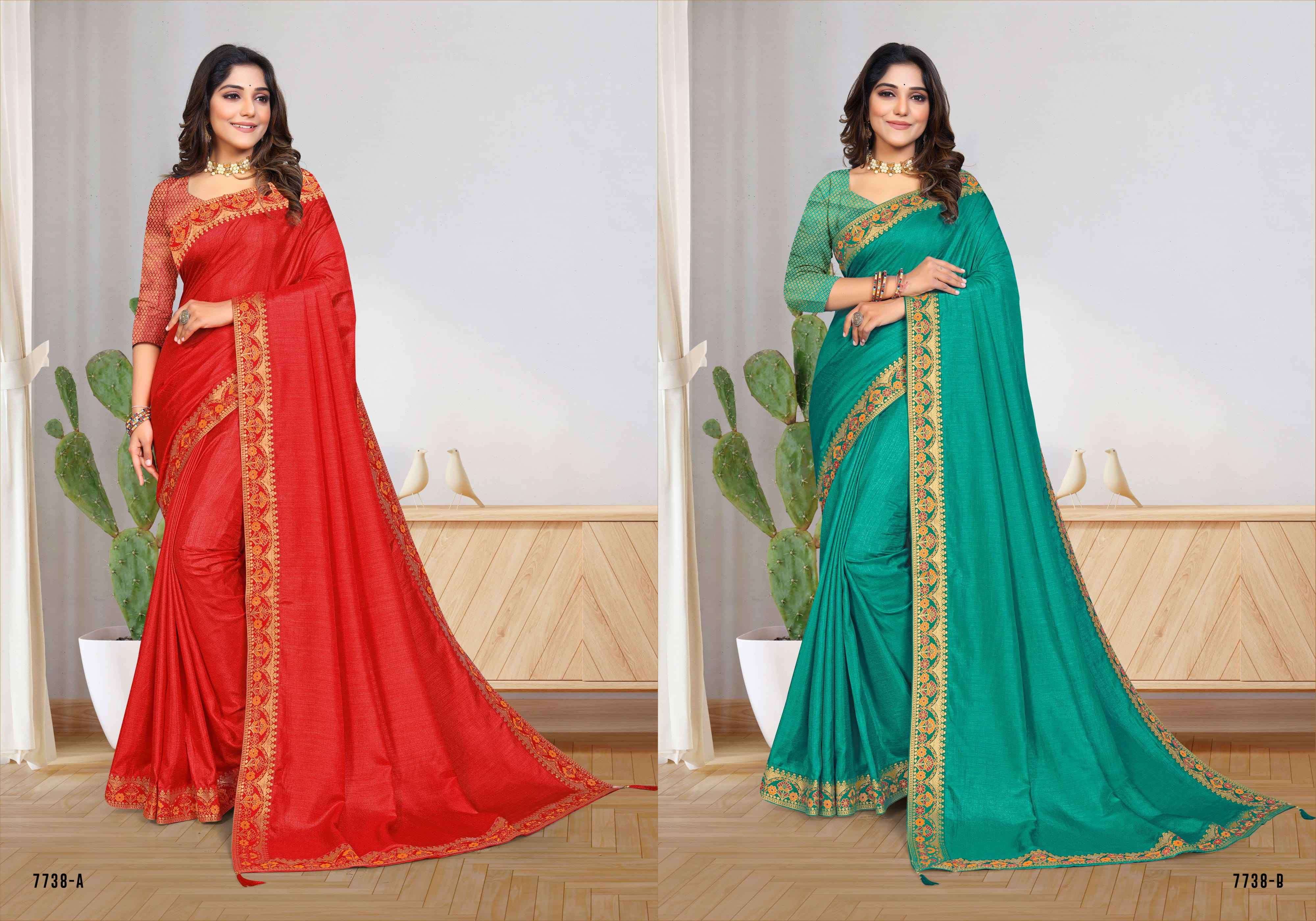 MAAL PUA 7738 SERIES BY INDIAN WOMEN 7738-A TO 7738-H SERIES INDIAN TRADITIONAL WEAR COLLECTION BEAUTIFUL STYLISH FANCY COLORFUL PARTY WEAR & OCCASIONAL WEAR VICHITRA SILK SAREES AT WHOLESALE PRICE