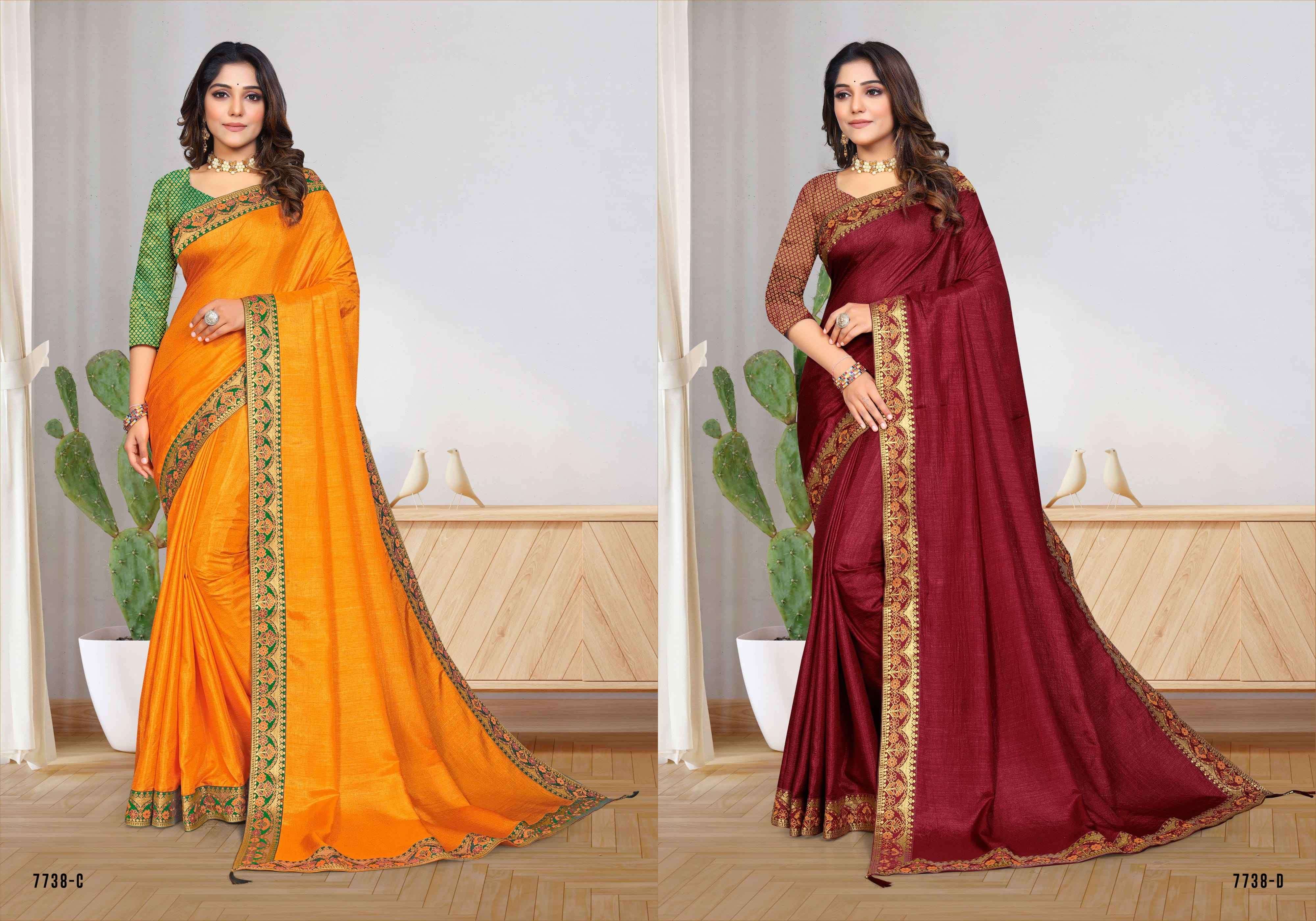 MAAL PUA 7738 SERIES BY INDIAN WOMEN 7738-A TO 7738-H SERIES INDIAN TRADITIONAL WEAR COLLECTION BEAUTIFUL STYLISH FANCY COLORFUL PARTY WEAR & OCCASIONAL WEAR VICHITRA SILK SAREES AT WHOLESALE PRICE