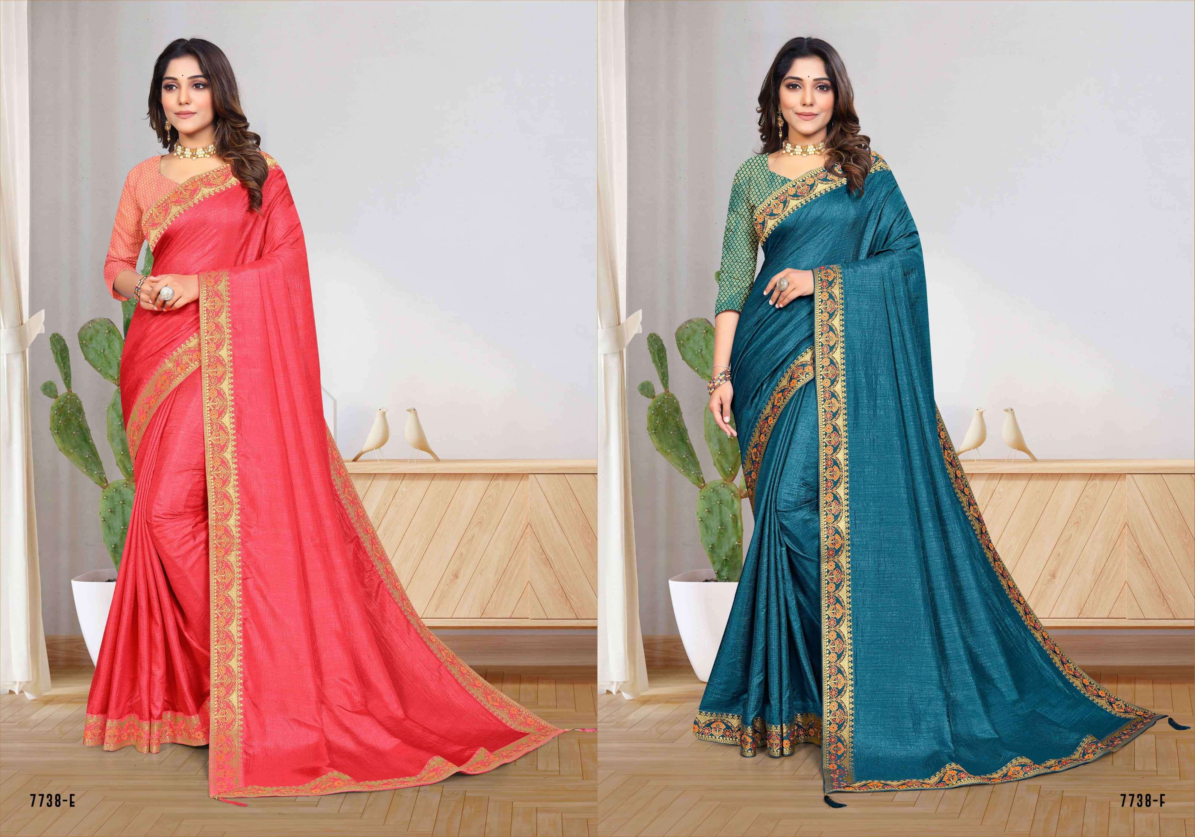 MAAL PUA 7738 SERIES BY INDIAN WOMEN 7738-A TO 7738-H SERIES INDIAN TRADITIONAL WEAR COLLECTION BEAUTIFUL STYLISH FANCY COLORFUL PARTY WEAR & OCCASIONAL WEAR VICHITRA SILK SAREES AT WHOLESALE PRICE