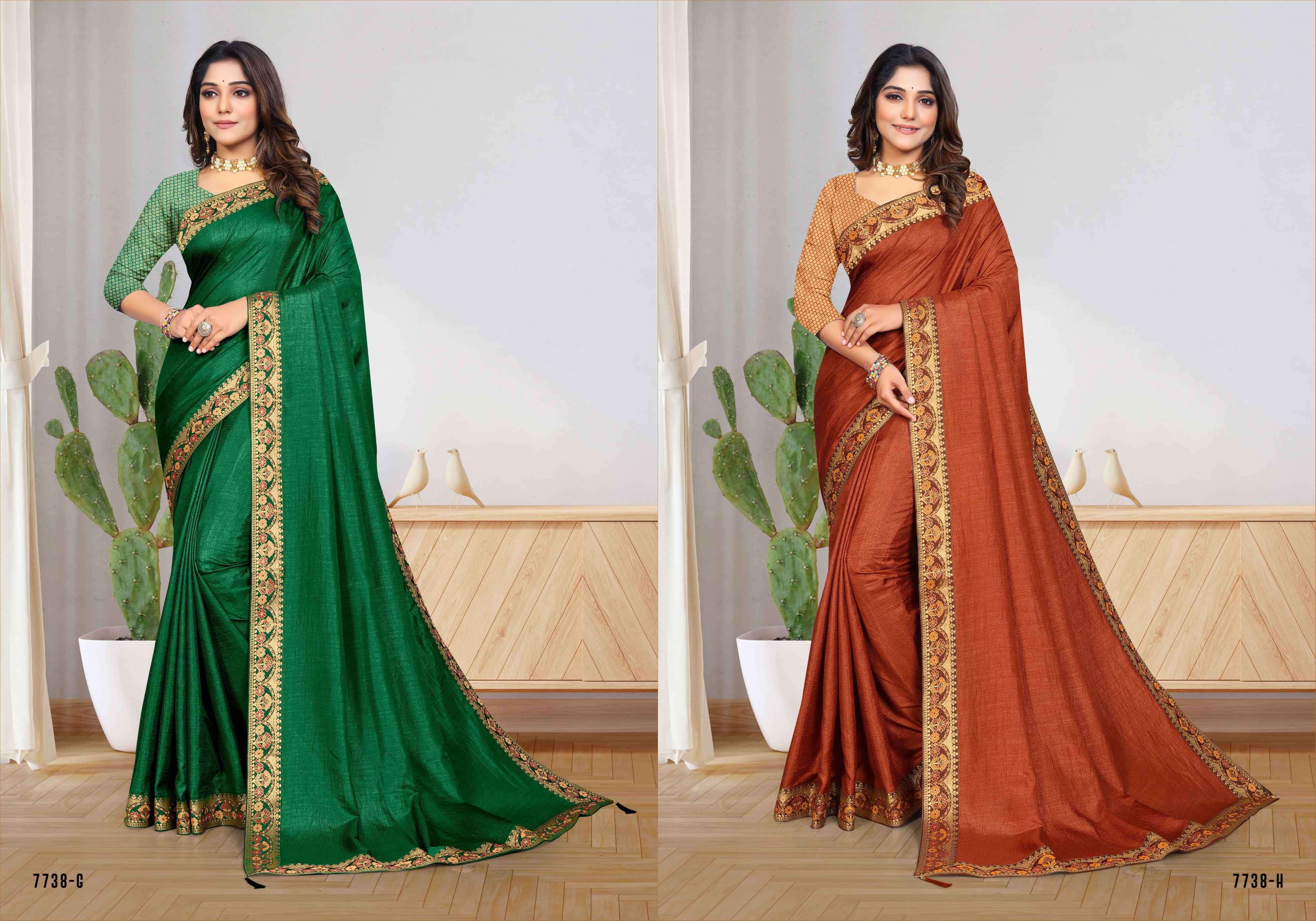 MAAL PUA 7738 SERIES BY INDIAN WOMEN 7738-A TO 7738-H SERIES INDIAN TRADITIONAL WEAR COLLECTION BEAUTIFUL STYLISH FANCY COLORFUL PARTY WEAR & OCCASIONAL WEAR VICHITRA SILK SAREES AT WHOLESALE PRICE
