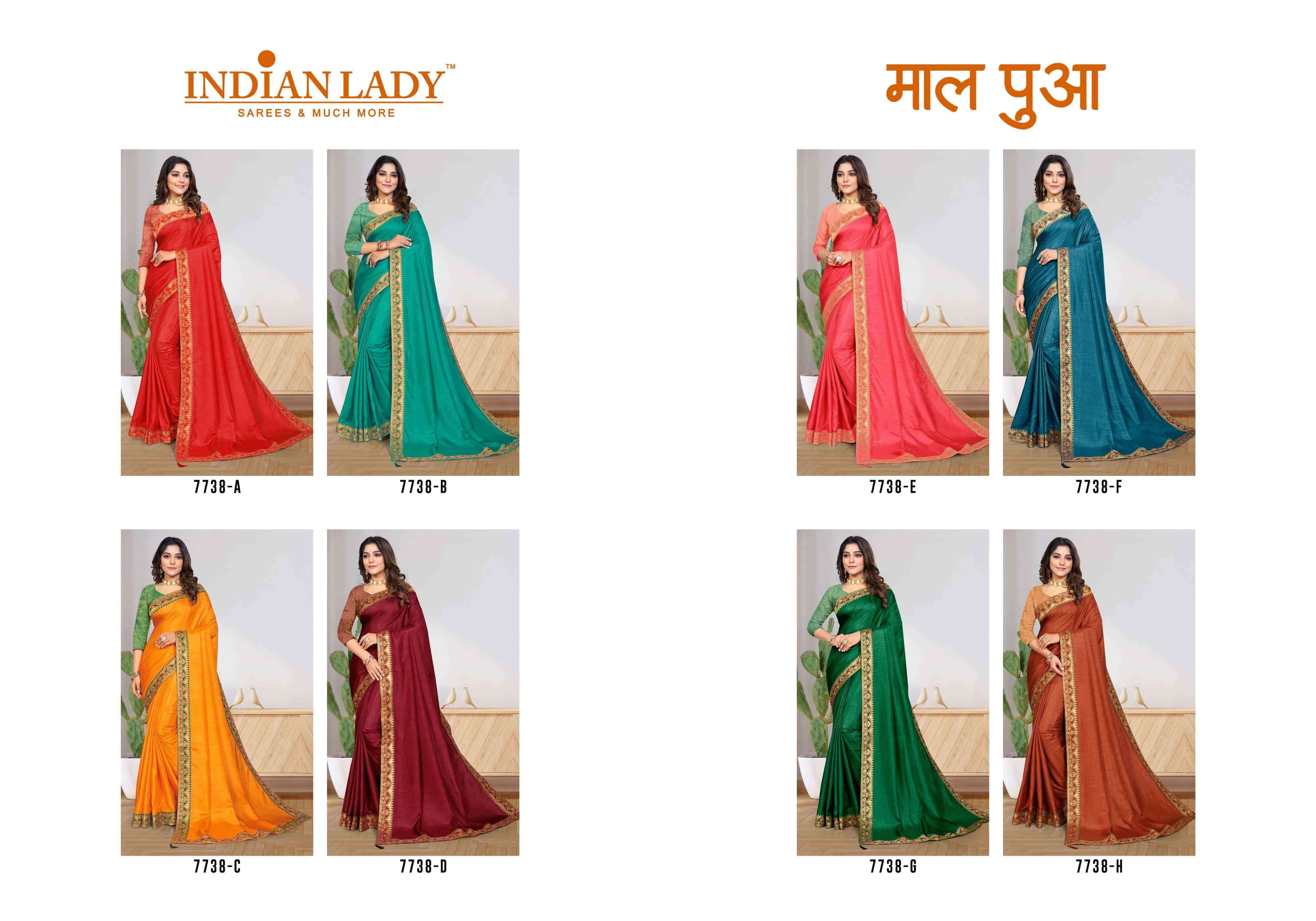 MAAL PUA 7738 SERIES BY INDIAN WOMEN 7738-A TO 7738-H SERIES INDIAN TRADITIONAL WEAR COLLECTION BEAUTIFUL STYLISH FANCY COLORFUL PARTY WEAR & OCCASIONAL WEAR VICHITRA SILK SAREES AT WHOLESALE PRICE
