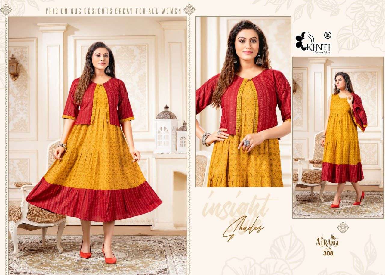 ATRANGI VOL-3 BY KINTI 301 TO 308 SERIES DESIGNER STYLISH FANCY COLORFUL BEAUTIFUL PARTY WEAR & ETHNIC WEAR COLLECTION RAYON PRINT KURTIS AT WHOLESALE PRICE