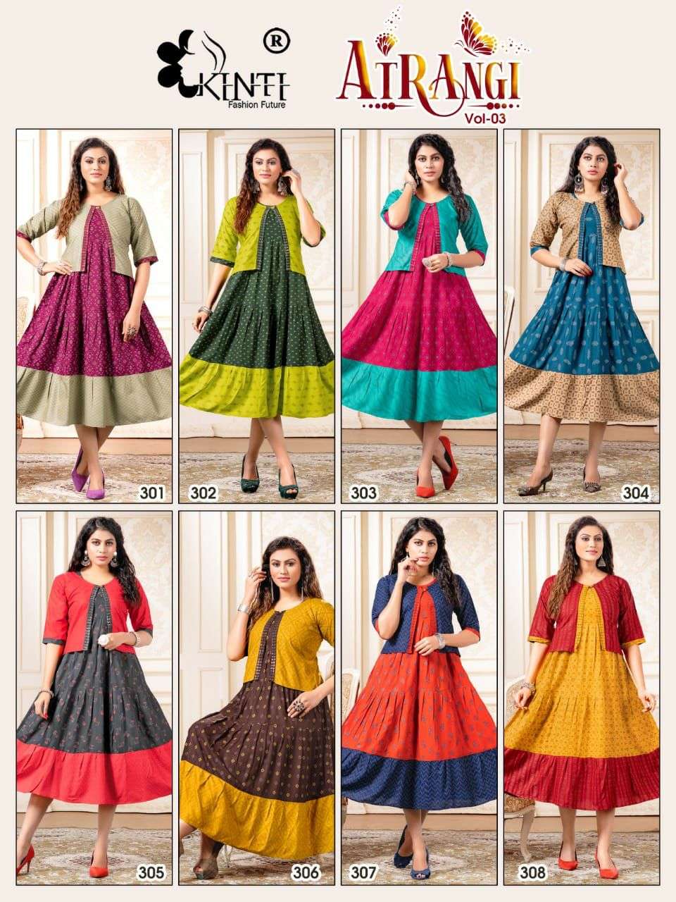 ATRANGI VOL-3 BY KINTI 301 TO 308 SERIES DESIGNER STYLISH FANCY COLORFUL BEAUTIFUL PARTY WEAR & ETHNIC WEAR COLLECTION RAYON PRINT KURTIS AT WHOLESALE PRICE