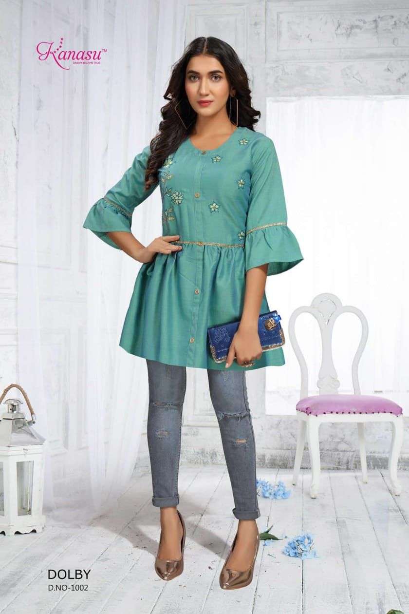 DOLBY BY KANASU 1001 TO 1008 SERIES BEAUTIFUL STYLISH FANCY COLORFUL CASUAL WEAR & ETHNIC WEAR HEAVY RAYON TOPS AT WHOLESALE PRICE