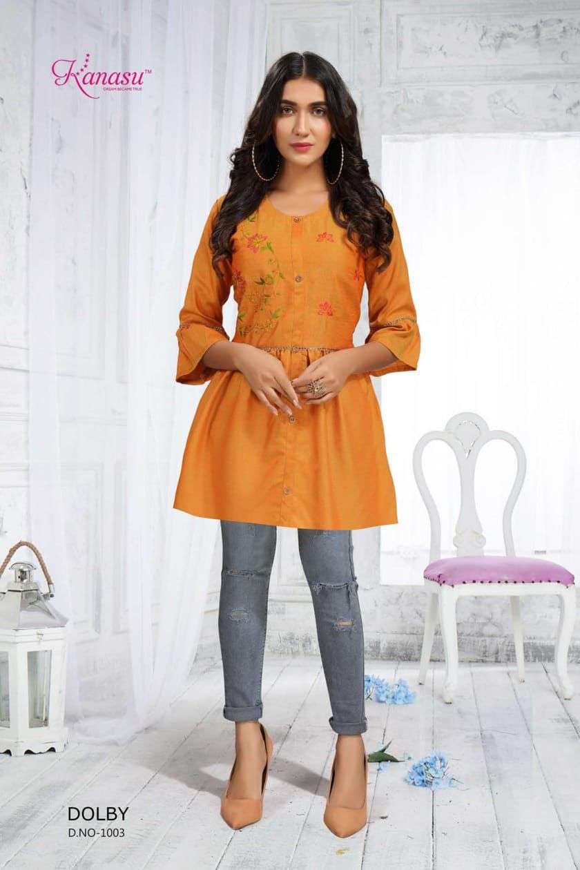 DOLBY BY KANASU 1001 TO 1008 SERIES BEAUTIFUL STYLISH FANCY COLORFUL CASUAL WEAR & ETHNIC WEAR HEAVY RAYON TOPS AT WHOLESALE PRICE