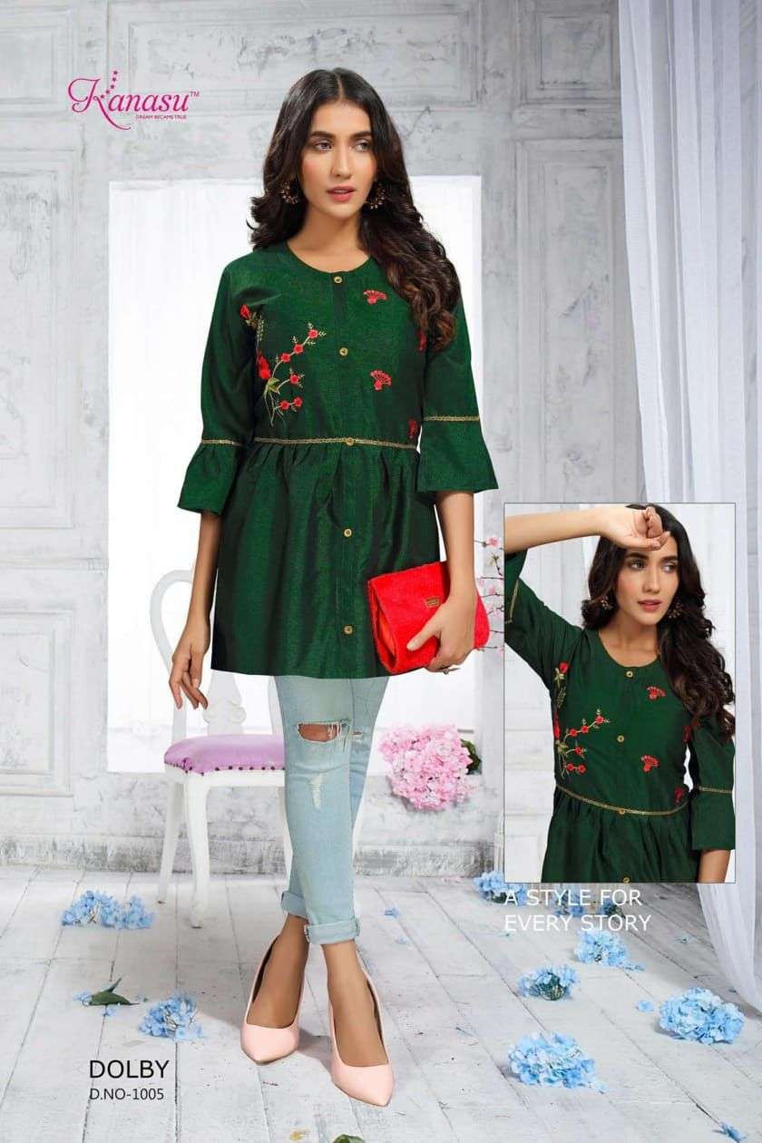DOLBY BY KANASU 1001 TO 1008 SERIES BEAUTIFUL STYLISH FANCY COLORFUL CASUAL WEAR & ETHNIC WEAR HEAVY RAYON TOPS AT WHOLESALE PRICE