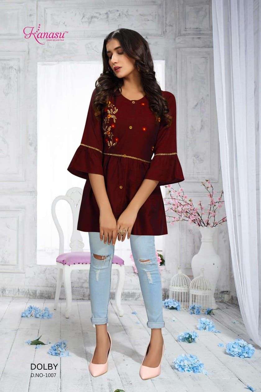 DOLBY BY KANASU 1001 TO 1008 SERIES BEAUTIFUL STYLISH FANCY COLORFUL CASUAL WEAR & ETHNIC WEAR HEAVY RAYON TOPS AT WHOLESALE PRICE