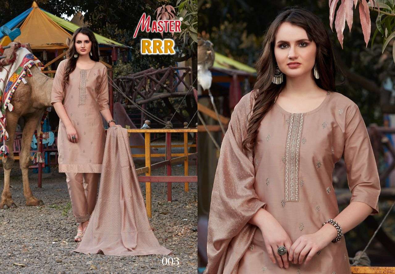 RRR BY MASTER 001 TO 008 SERIES BEAUTIFUL SUITS COLORFUL STYLISH FANCY CASUAL WEAR & ETHNIC WEAR JAM SATIN DRESSES AT WHOLESALE PRICE