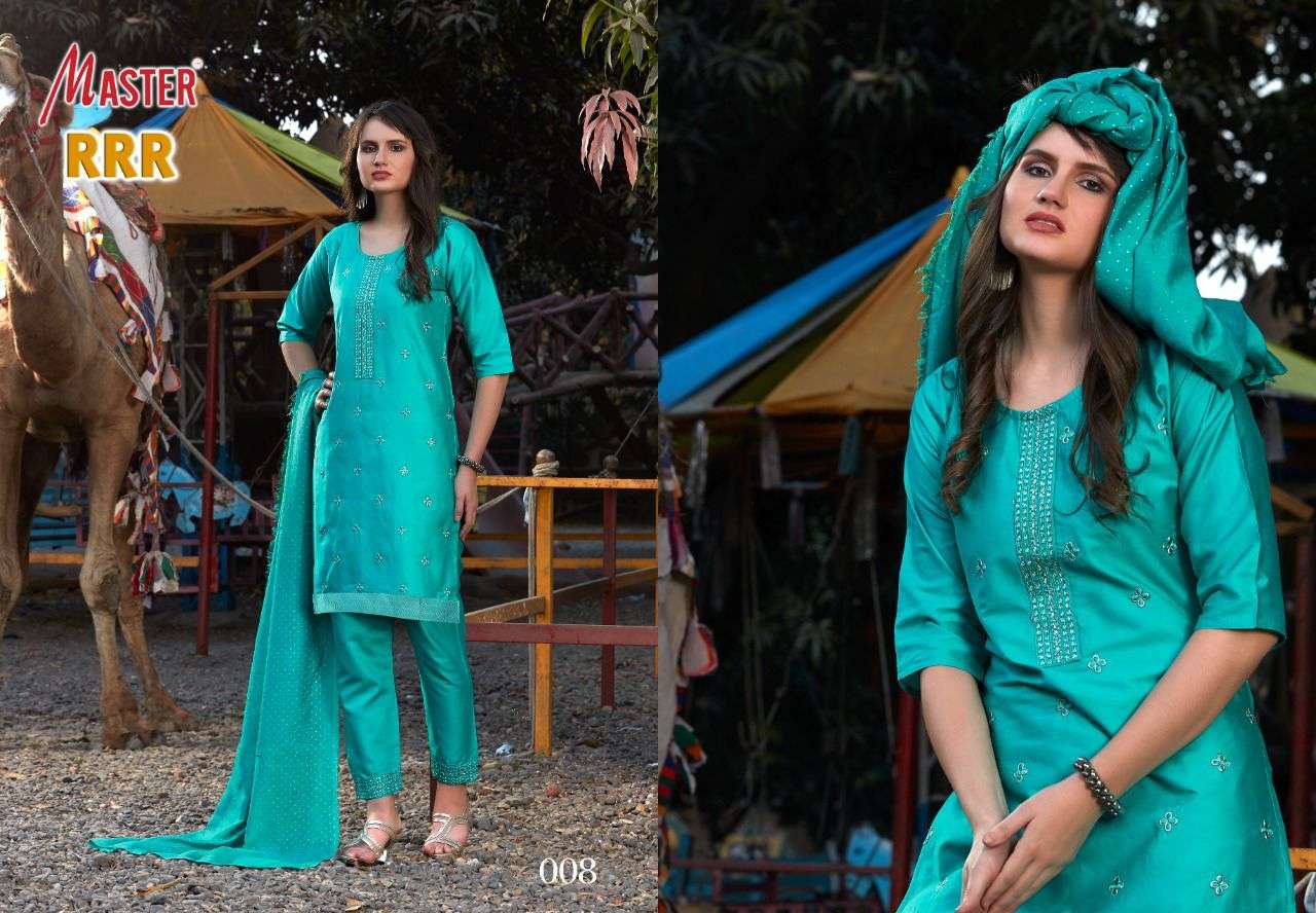 RRR BY MASTER 001 TO 008 SERIES BEAUTIFUL SUITS COLORFUL STYLISH FANCY CASUAL WEAR & ETHNIC WEAR JAM SATIN DRESSES AT WHOLESALE PRICE