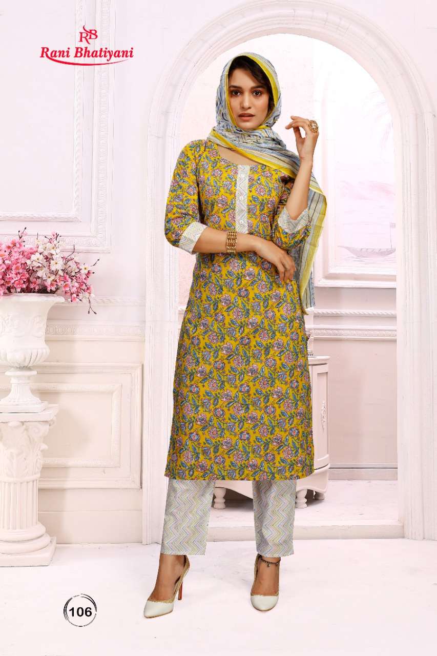 COTTON GIRL BY RANI BHATIYANI 101 TO 106 SERIES BEAUTIFUL SUITS COLORFUL STYLISH FANCY CASUAL WEAR & ETHNIC WEAR CAMBRIC PRINT DRESSES AT WHOLESALE PRICE