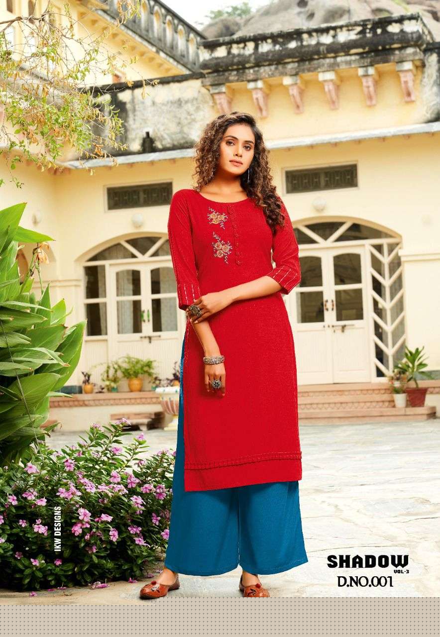SHADOW VOL-3 BY IKW 001 TO 008 SERIES STYLISH FANCY BEAUTIFUL COLORFUL CASUAL WEAR & ETHNIC WEAR RAYON WEAVED KURTIS AT WHOLESALE PRICE
