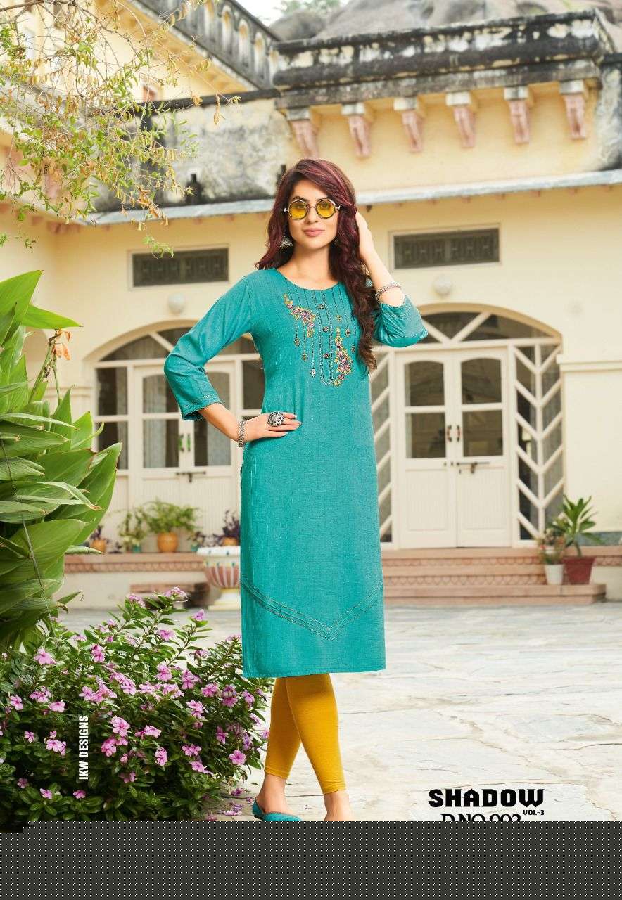 SHADOW VOL-3 BY IKW 001 TO 008 SERIES STYLISH FANCY BEAUTIFUL COLORFUL CASUAL WEAR & ETHNIC WEAR RAYON WEAVED KURTIS AT WHOLESALE PRICE