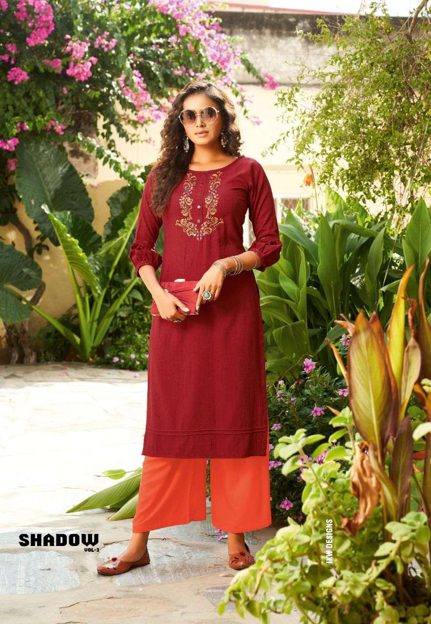SHADOW VOL-3 BY IKW 001 TO 008 SERIES STYLISH FANCY BEAUTIFUL COLORFUL CASUAL WEAR & ETHNIC WEAR RAYON WEAVED KURTIS AT WHOLESALE PRICE