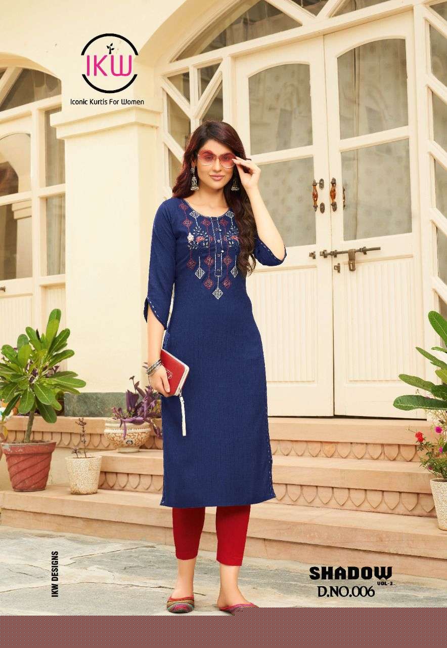 SHADOW VOL-3 BY IKW 001 TO 008 SERIES STYLISH FANCY BEAUTIFUL COLORFUL CASUAL WEAR & ETHNIC WEAR RAYON WEAVED KURTIS AT WHOLESALE PRICE