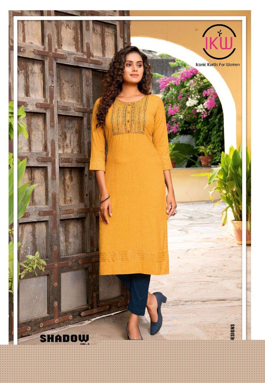SHADOW VOL-3 BY IKW 001 TO 008 SERIES STYLISH FANCY BEAUTIFUL COLORFUL CASUAL WEAR & ETHNIC WEAR RAYON WEAVED KURTIS AT WHOLESALE PRICE