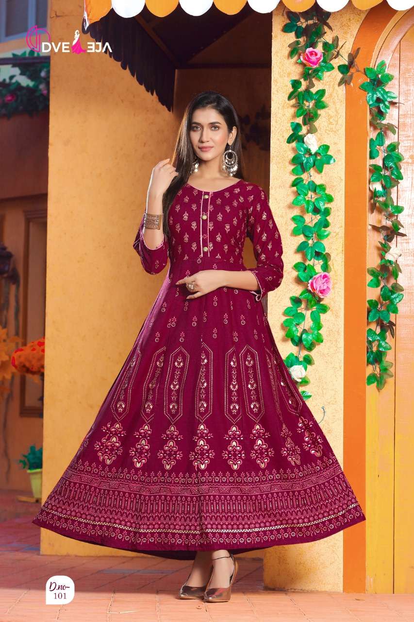 SHAGUN BY DVEEJA 101 TO 108 SERIES BEAUTIFUL STYLISH FANCY COLORFUL CASUAL WEAR & ETHNIC WEAR HEAVY RAYON GOWNS AT WHOLESALE PRICE