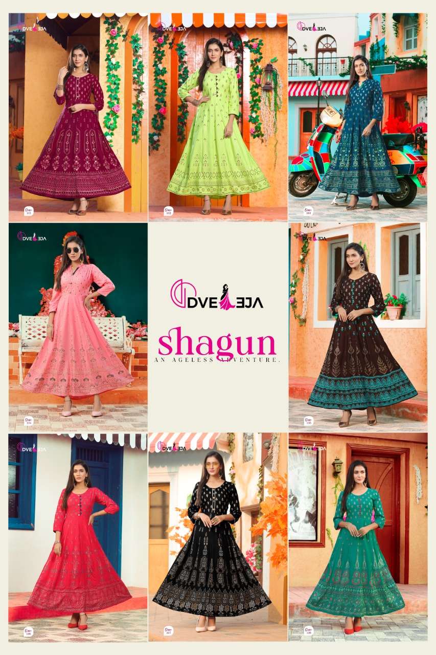 SHAGUN BY DVEEJA 101 TO 108 SERIES BEAUTIFUL STYLISH FANCY COLORFUL CASUAL WEAR & ETHNIC WEAR HEAVY RAYON GOWNS AT WHOLESALE PRICE