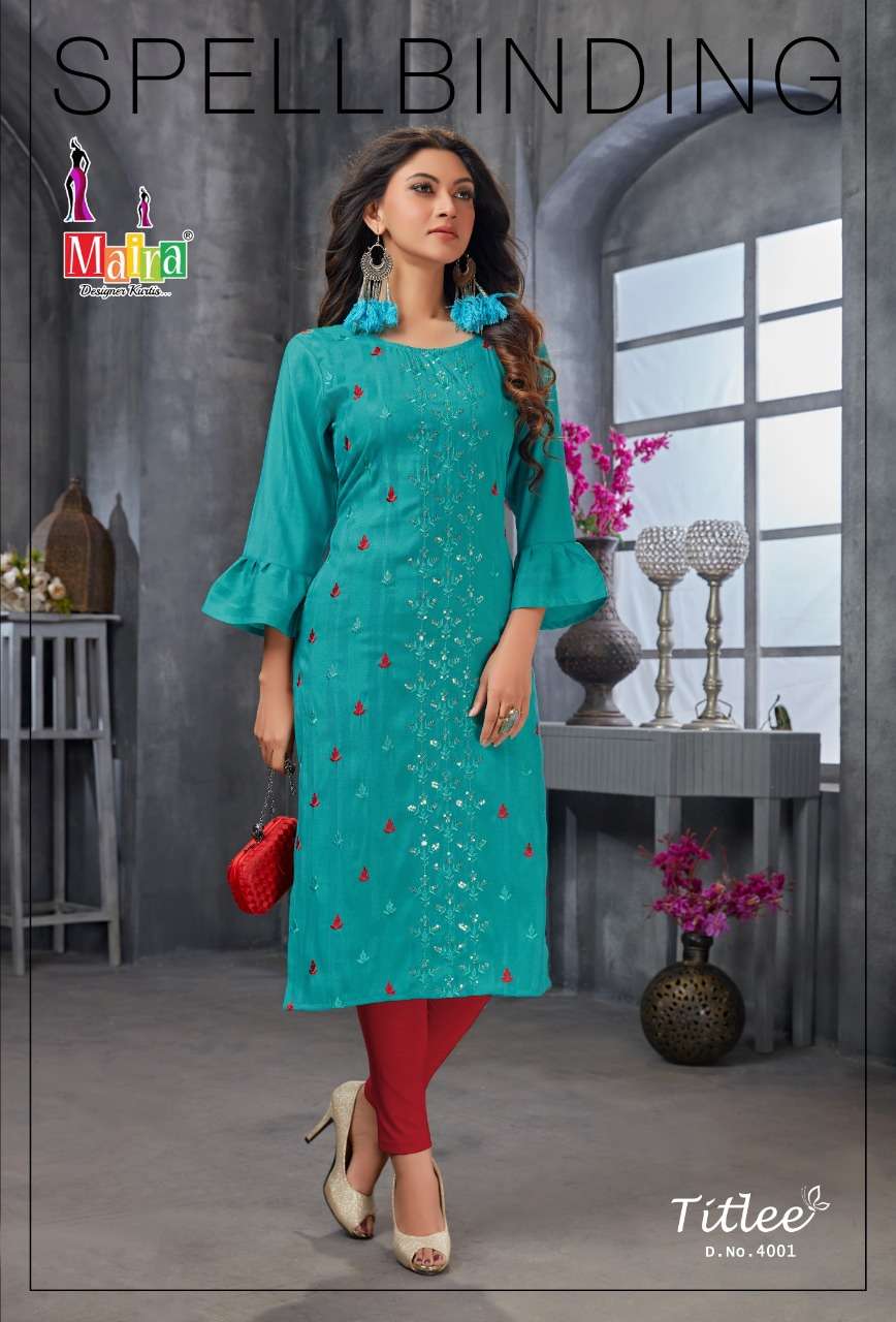TITLEE VOL-4 BY MAIRA 4001 TO 4008 SERIES DESIGNER STYLISH FANCY COLORFUL BEAUTIFUL PARTY WEAR & ETHNIC WEAR COLLECTION HEAVY RAYON EMBROIDERY KURTIS AT WHOLESALE PRICE