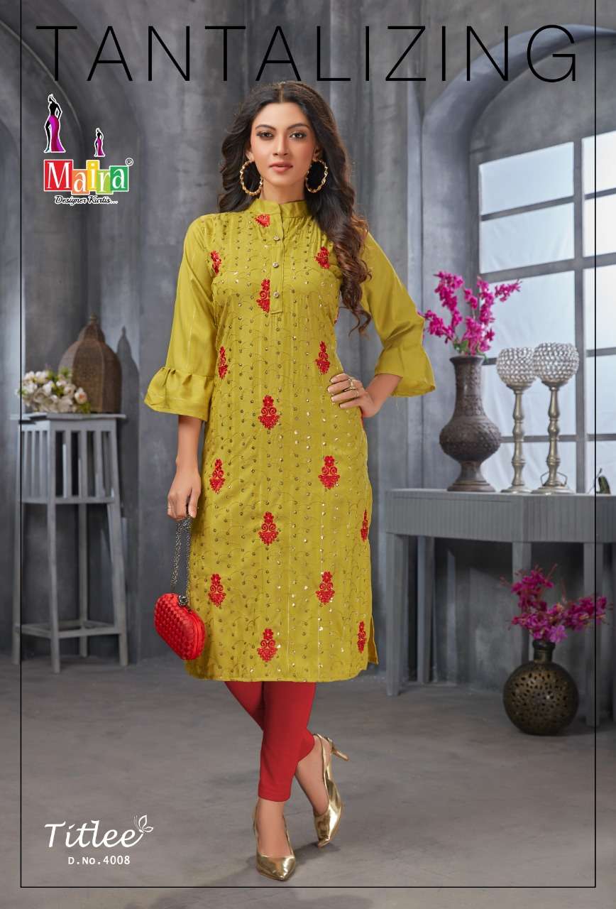 TITLEE VOL-4 BY MAIRA 4001 TO 4008 SERIES DESIGNER STYLISH FANCY COLORFUL BEAUTIFUL PARTY WEAR & ETHNIC WEAR COLLECTION HEAVY RAYON EMBROIDERY KURTIS AT WHOLESALE PRICE