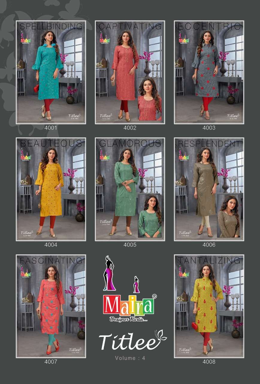 TITLEE VOL-4 BY MAIRA 4001 TO 4008 SERIES DESIGNER STYLISH FANCY COLORFUL BEAUTIFUL PARTY WEAR & ETHNIC WEAR COLLECTION HEAVY RAYON EMBROIDERY KURTIS AT WHOLESALE PRICE