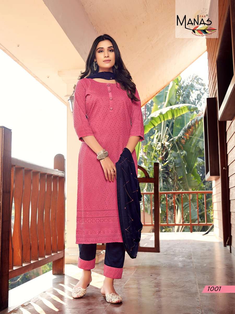 BOMBAY SCHIFFLI BY MANAS FAB 1001 TO 1006 SERIES BEAUTIFUL SUITS COLORFUL STYLISH FANCY CASUAL WEAR & ETHNIC WEAR HEAVY CHINNON DRESSES AT WHOLESALE PRICE