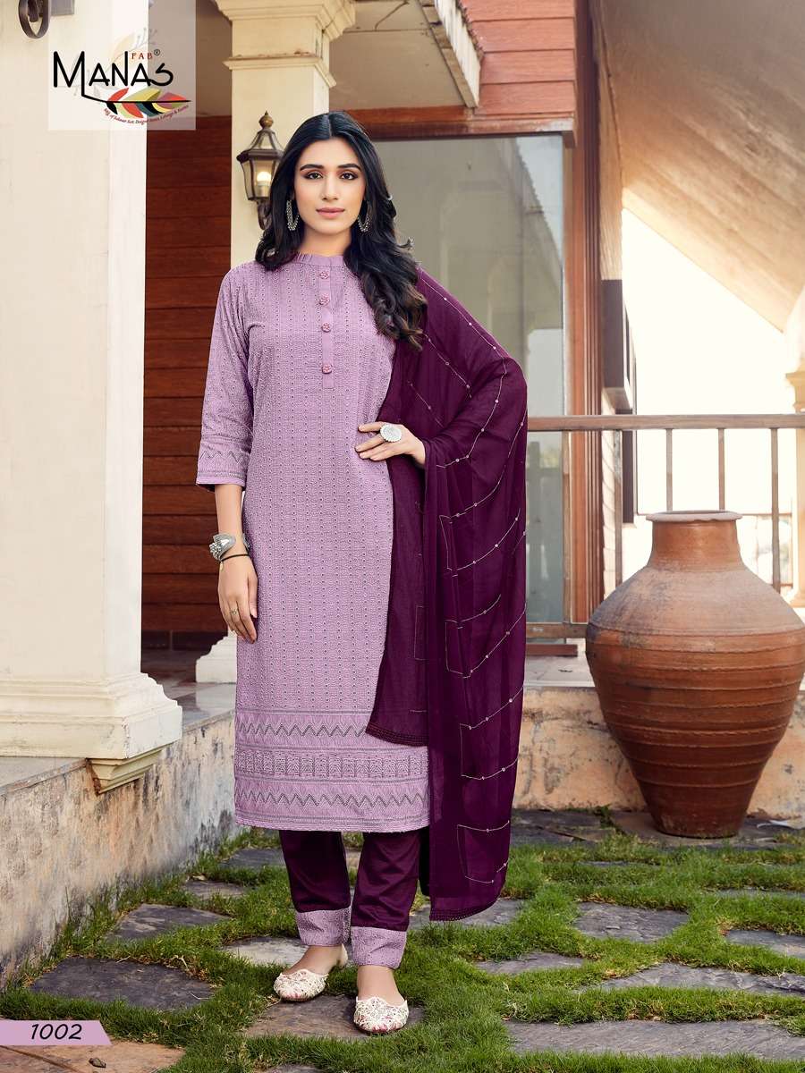 BOMBAY SCHIFFLI BY MANAS FAB 1001 TO 1006 SERIES BEAUTIFUL SUITS COLORFUL STYLISH FANCY CASUAL WEAR & ETHNIC WEAR HEAVY CHINNON DRESSES AT WHOLESALE PRICE