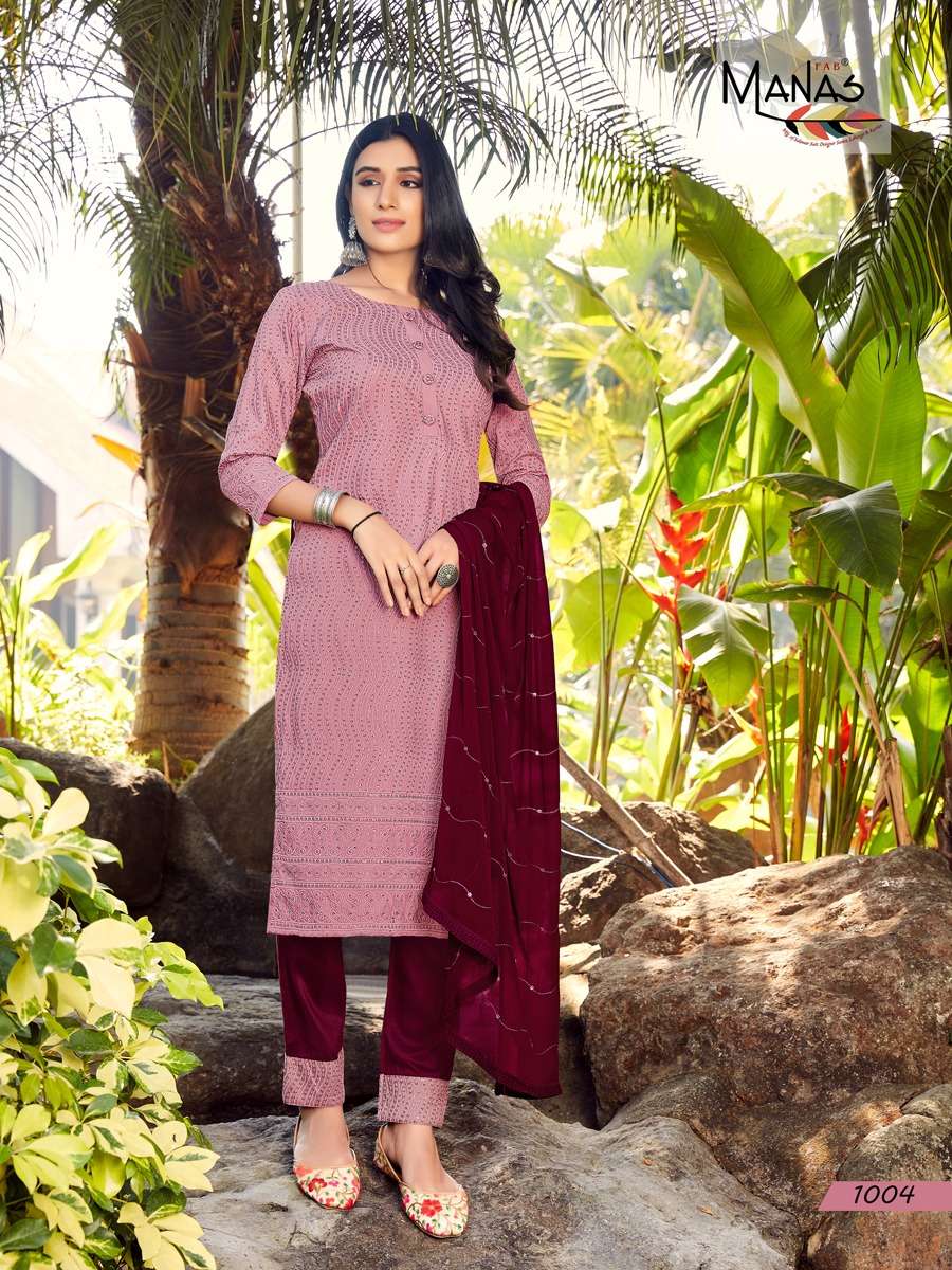 BOMBAY SCHIFFLI BY MANAS FAB 1001 TO 1006 SERIES BEAUTIFUL SUITS COLORFUL STYLISH FANCY CASUAL WEAR & ETHNIC WEAR HEAVY CHINNON DRESSES AT WHOLESALE PRICE
