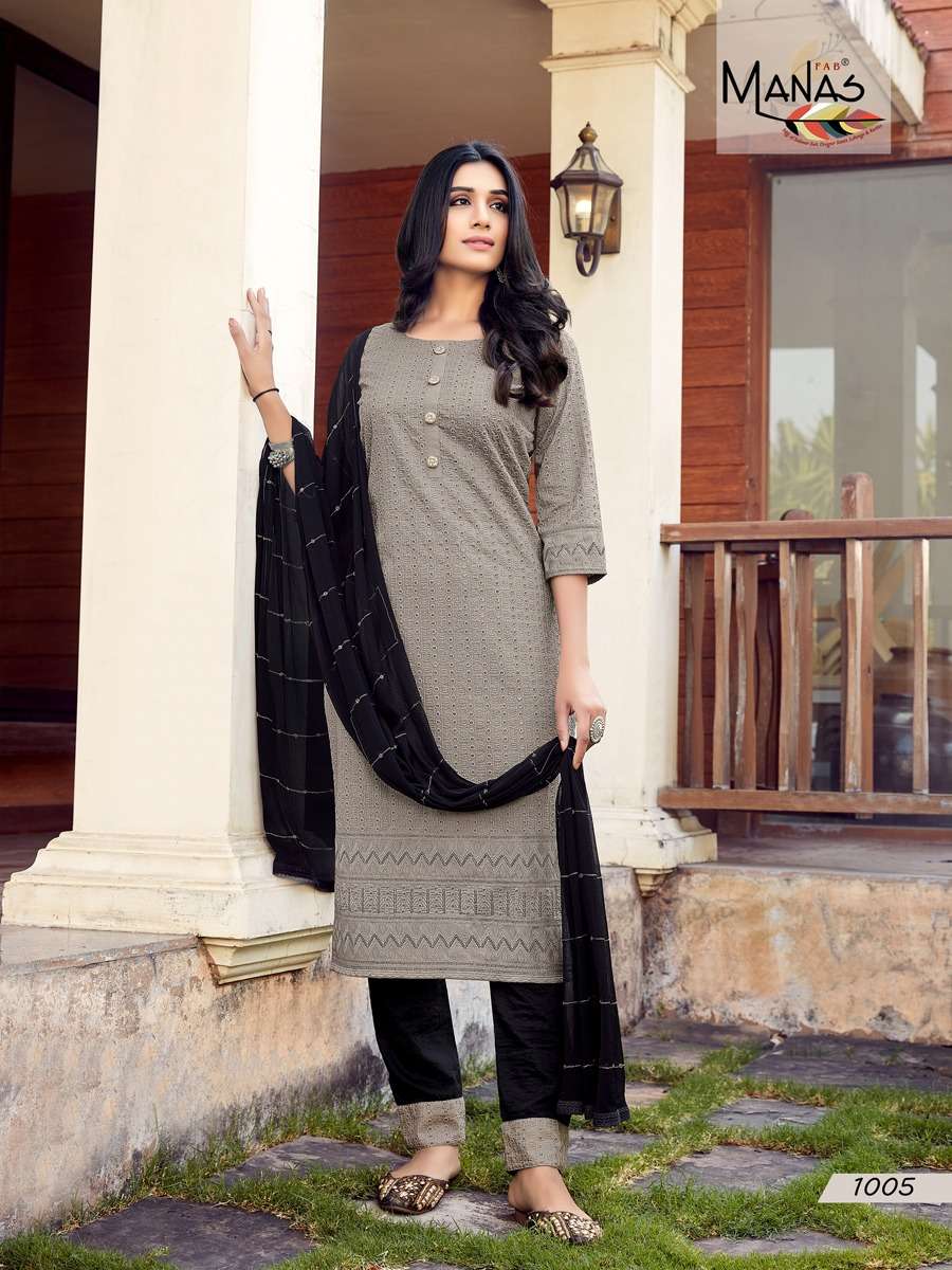 BOMBAY SCHIFFLI BY MANAS FAB 1001 TO 1006 SERIES BEAUTIFUL SUITS COLORFUL STYLISH FANCY CASUAL WEAR & ETHNIC WEAR HEAVY CHINNON DRESSES AT WHOLESALE PRICE