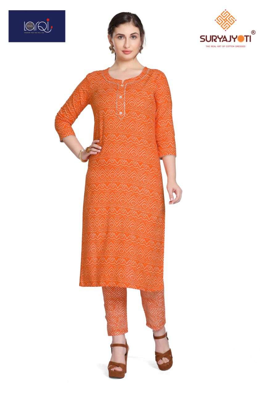 LARQI BY SURYAJYOTI 01 TO 05 SERIES DESIGNER STYLISH FANCY COLORFUL BEAUTIFUL PARTY WEAR & ETHNIC WEAR COLLECTION COTTON KURTIS WITH BOTTOM AT WHOLESALE PRICE