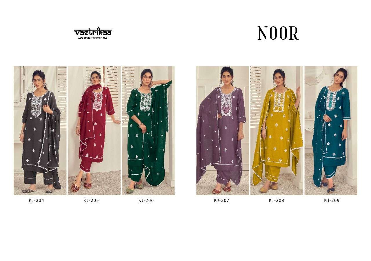 NOOR BY VASTRIKAA 204 TO 209 SERIES BEAUTIFUL SUITS COLORFUL STYLISH FANCY CASUAL WEAR & ETHNIC WEAR CHINNON SILK DRESSES AT WHOLESALE PRICE