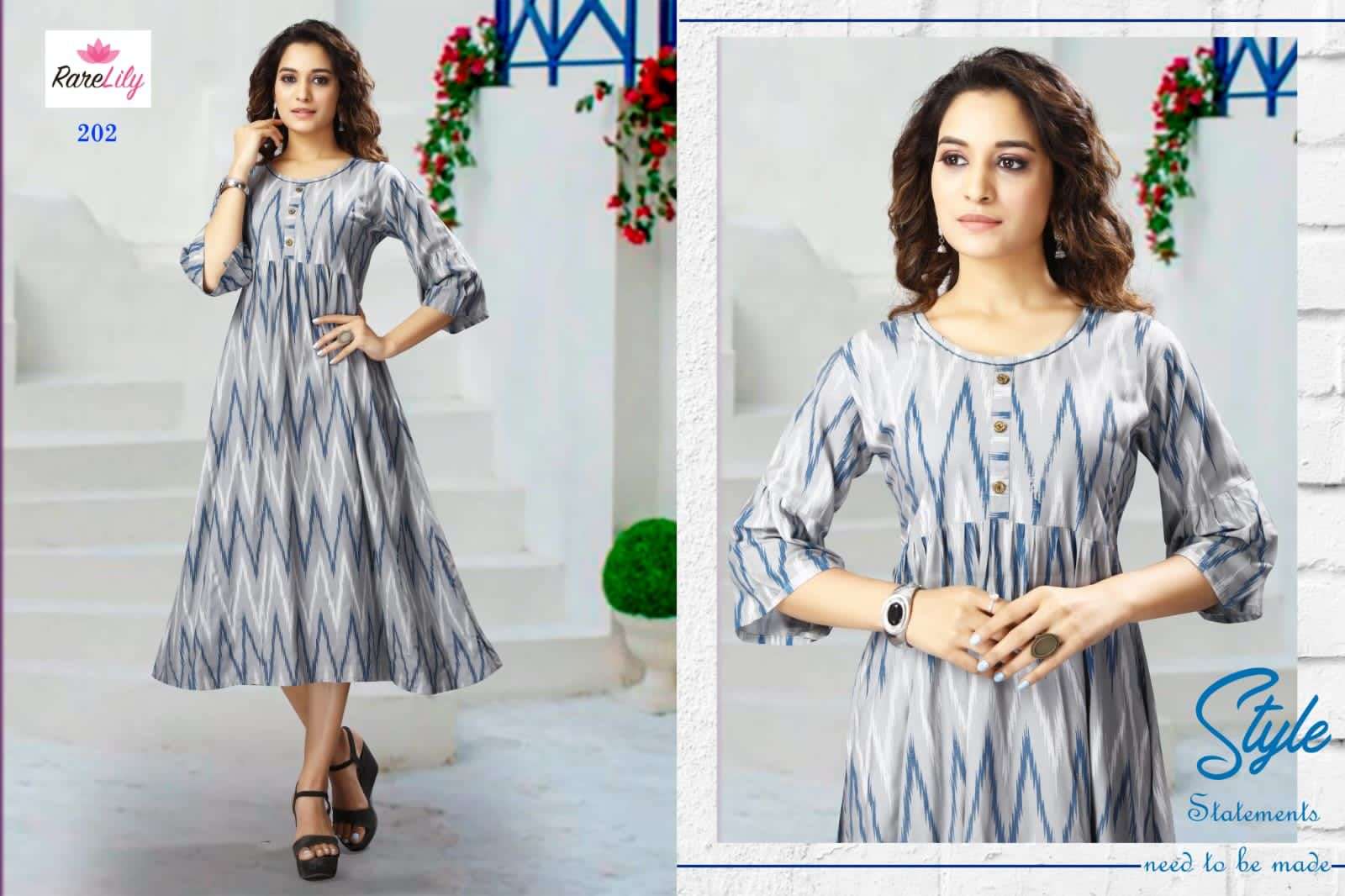 PUSHPA BY RARE LILY 201 TO 207 SERIES DESIGNER STYLISH FANCY COLORFUL BEAUTIFUL PARTY WEAR & ETHNIC WEAR COLLECTION RAYON PRINT KURTIS AT WHOLESALE PRICE