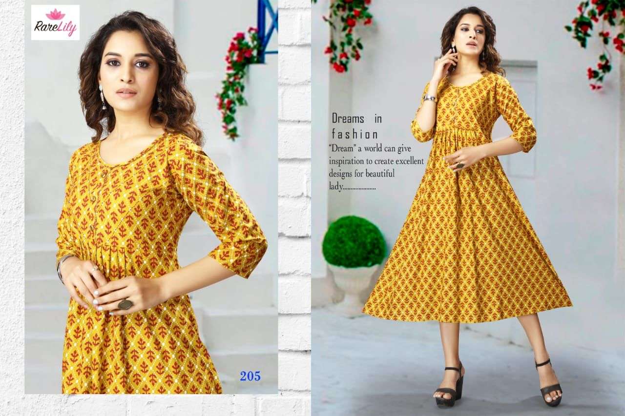PUSHPA BY RARE LILY 201 TO 207 SERIES DESIGNER STYLISH FANCY COLORFUL BEAUTIFUL PARTY WEAR & ETHNIC WEAR COLLECTION RAYON PRINT KURTIS AT WHOLESALE PRICE