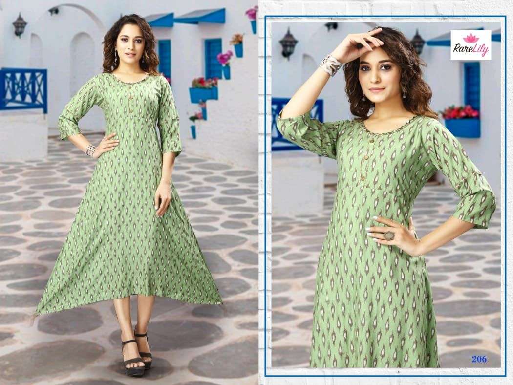 PUSHPA BY RARE LILY 201 TO 207 SERIES DESIGNER STYLISH FANCY COLORFUL BEAUTIFUL PARTY WEAR & ETHNIC WEAR COLLECTION RAYON PRINT KURTIS AT WHOLESALE PRICE