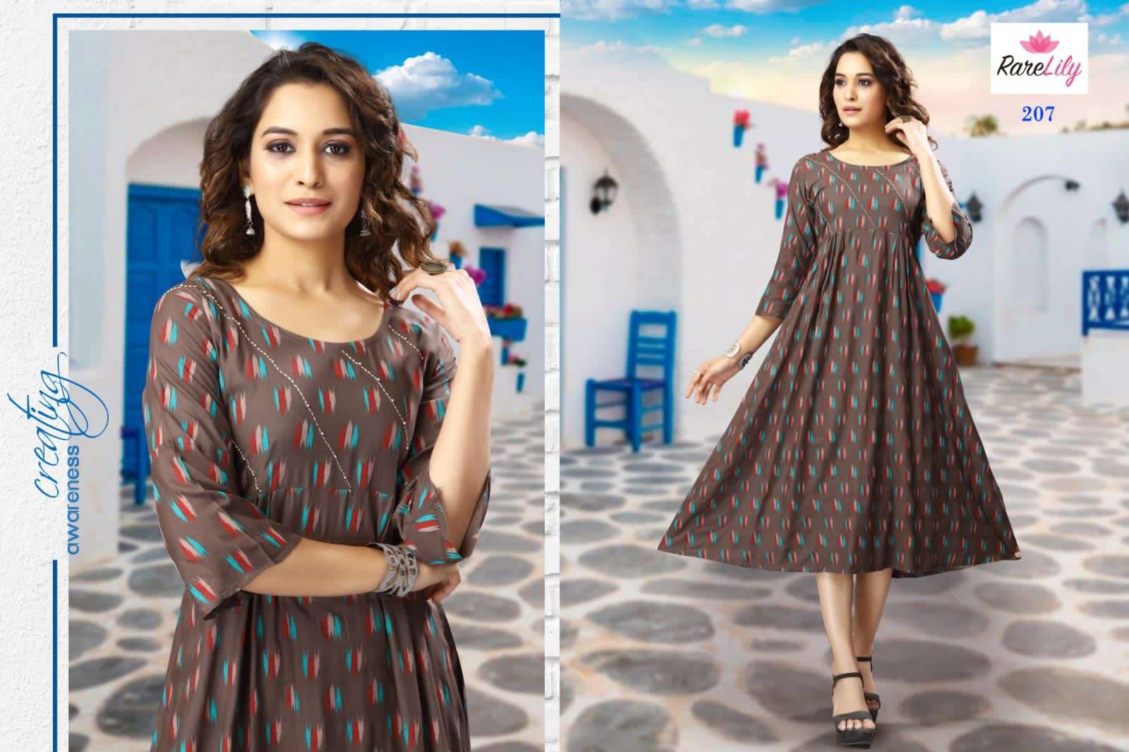 PUSHPA BY RARE LILY 201 TO 207 SERIES DESIGNER STYLISH FANCY COLORFUL BEAUTIFUL PARTY WEAR & ETHNIC WEAR COLLECTION RAYON PRINT KURTIS AT WHOLESALE PRICE