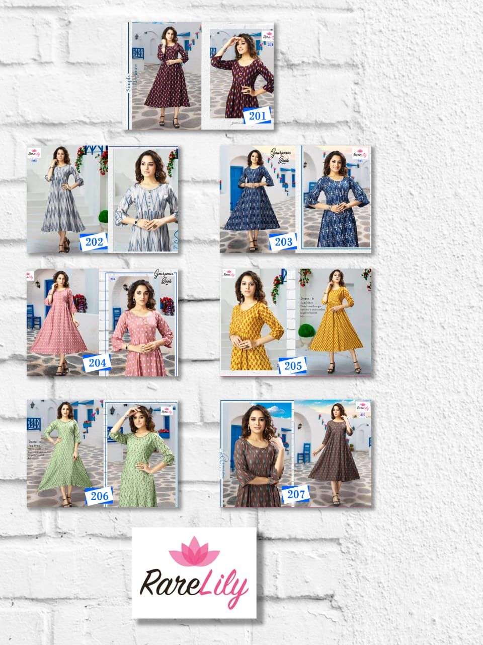 PUSHPA BY RARE LILY 201 TO 207 SERIES DESIGNER STYLISH FANCY COLORFUL BEAUTIFUL PARTY WEAR & ETHNIC WEAR COLLECTION RAYON PRINT KURTIS AT WHOLESALE PRICE
