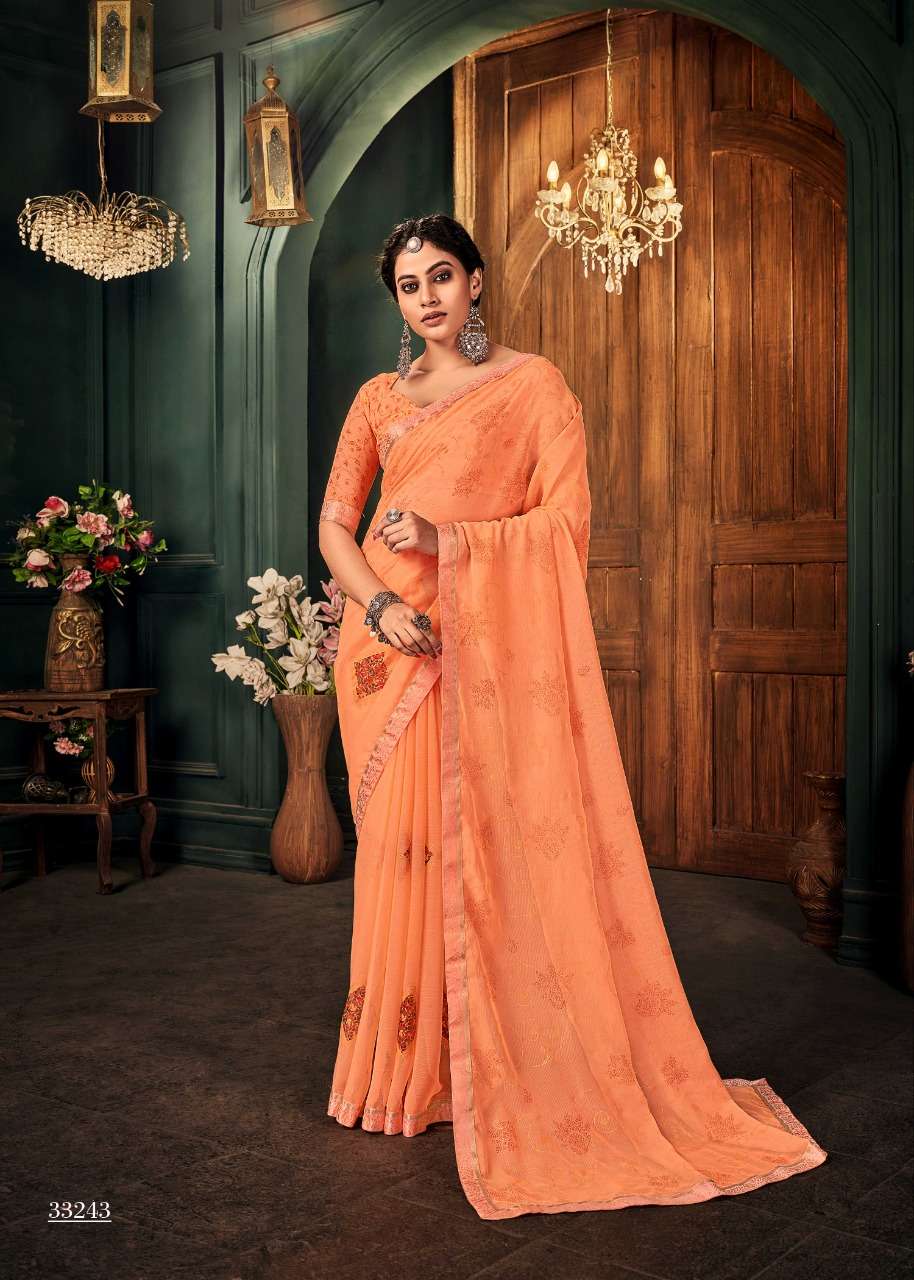 FAMOUS VOL-2 BY VALLABHI PRINTS 30240 TO 30247 SERIES INDIAN TRADITIONAL WEAR COLLECTION BEAUTIFUL STYLISH FANCY COLORFUL PARTY WEAR & OCCASIONAL WEAR CHIFFON SAREES AT WHOLESALE PRICE