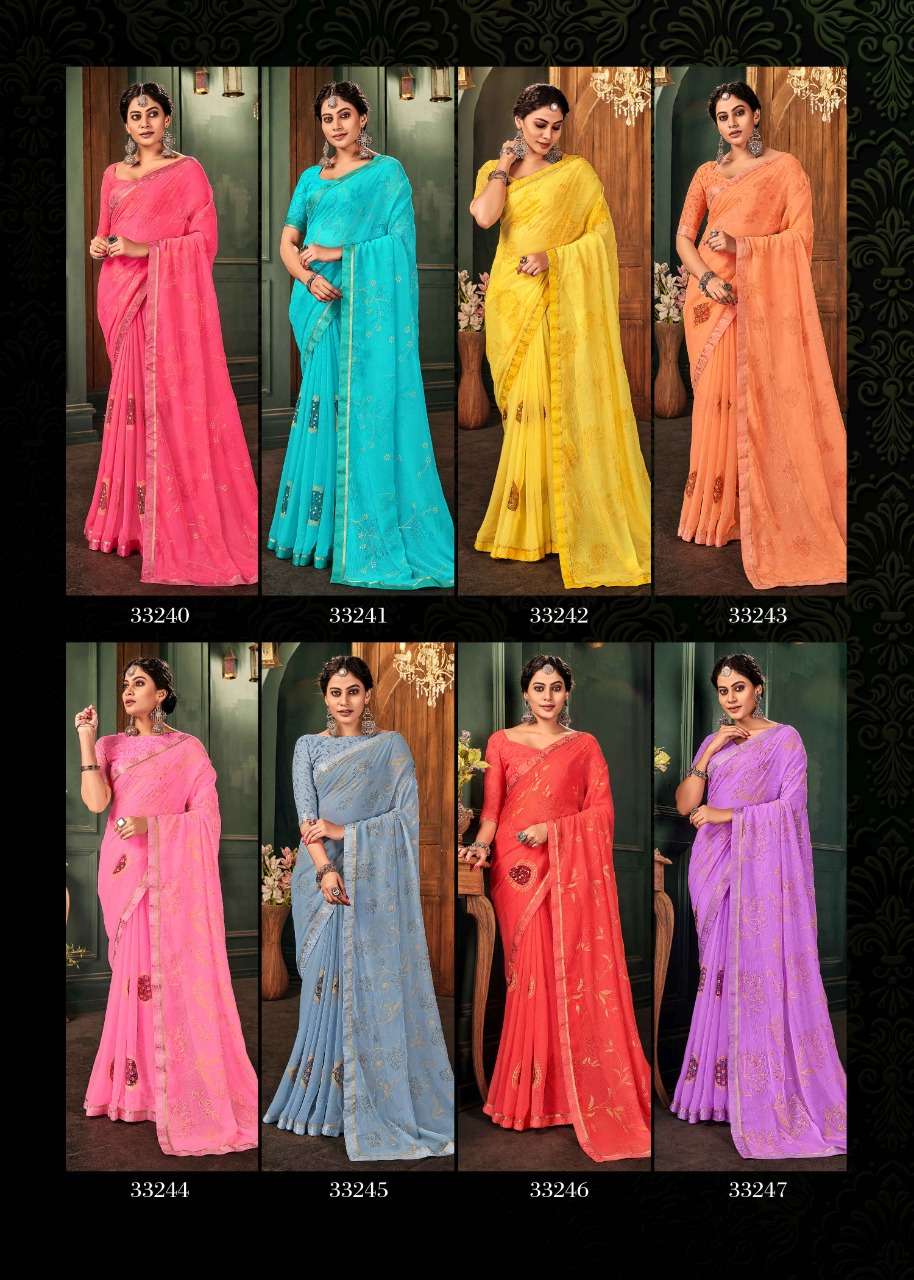 FAMOUS VOL-2 BY VALLABHI PRINTS 30240 TO 30247 SERIES INDIAN TRADITIONAL WEAR COLLECTION BEAUTIFUL STYLISH FANCY COLORFUL PARTY WEAR & OCCASIONAL WEAR CHIFFON SAREES AT WHOLESALE PRICE