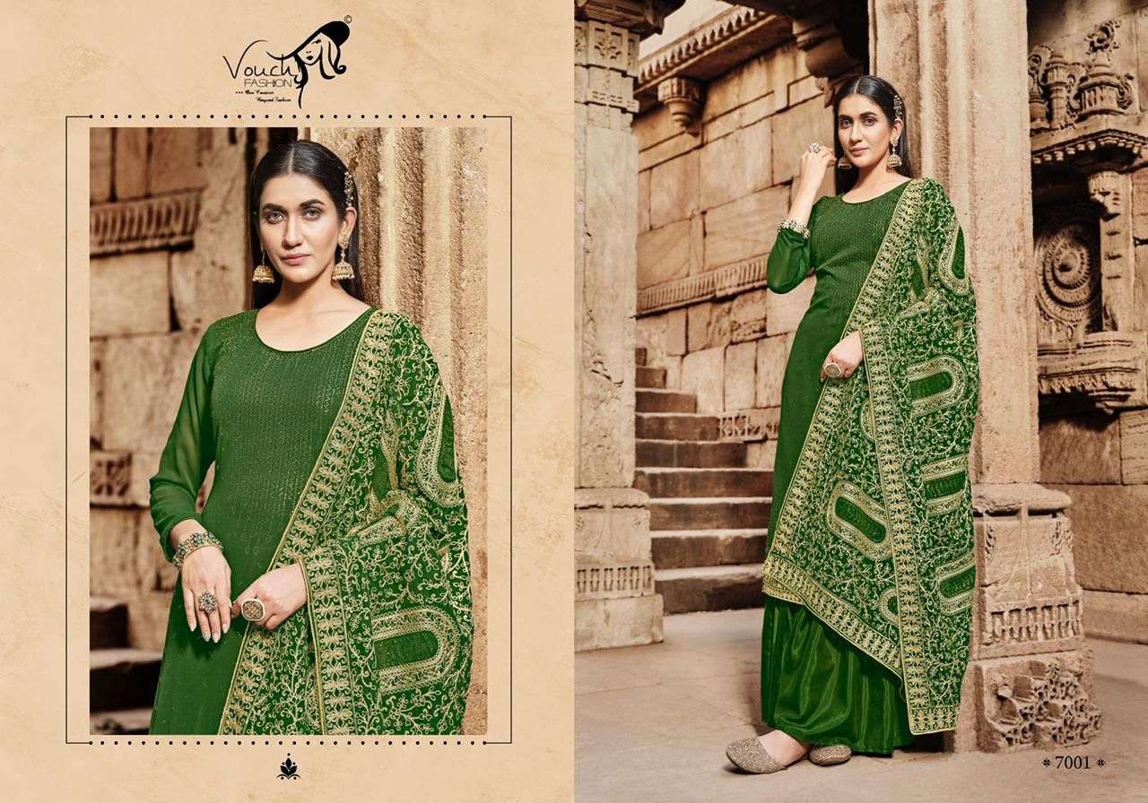 NAARI VOL-7 BY VOUCHE 7001 TO 7005 SERIES DESIGNER SHARARA SUITS COLLECTION BEAUTIFUL STYLISH COLORFUL FANCY PARTY WEAR & OCCASIONAL WEAR GEORGETTE DRESSES AT WHOLESALE PRICE