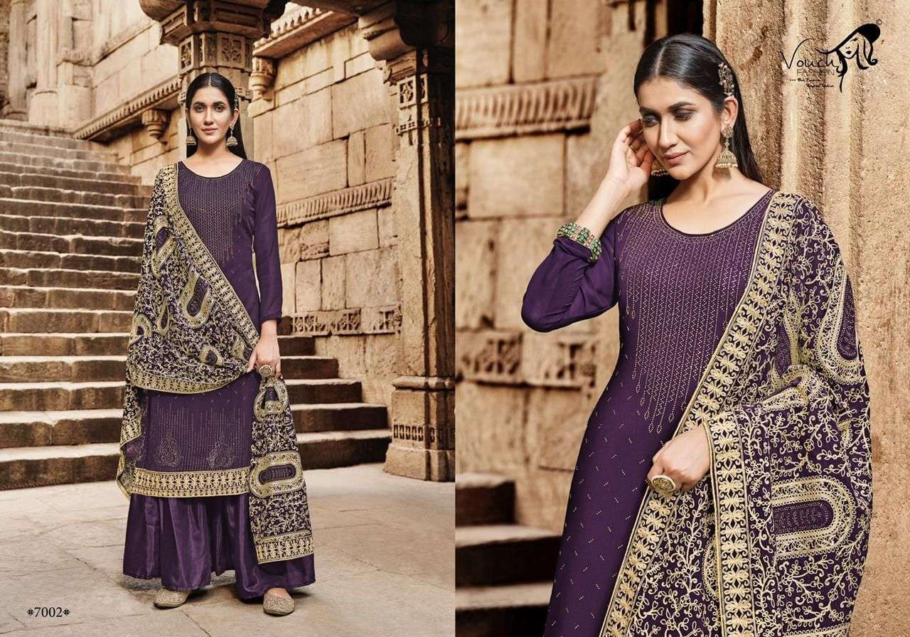 NAARI VOL-7 BY VOUCHE 7001 TO 7005 SERIES DESIGNER SHARARA SUITS COLLECTION BEAUTIFUL STYLISH COLORFUL FANCY PARTY WEAR & OCCASIONAL WEAR GEORGETTE DRESSES AT WHOLESALE PRICE