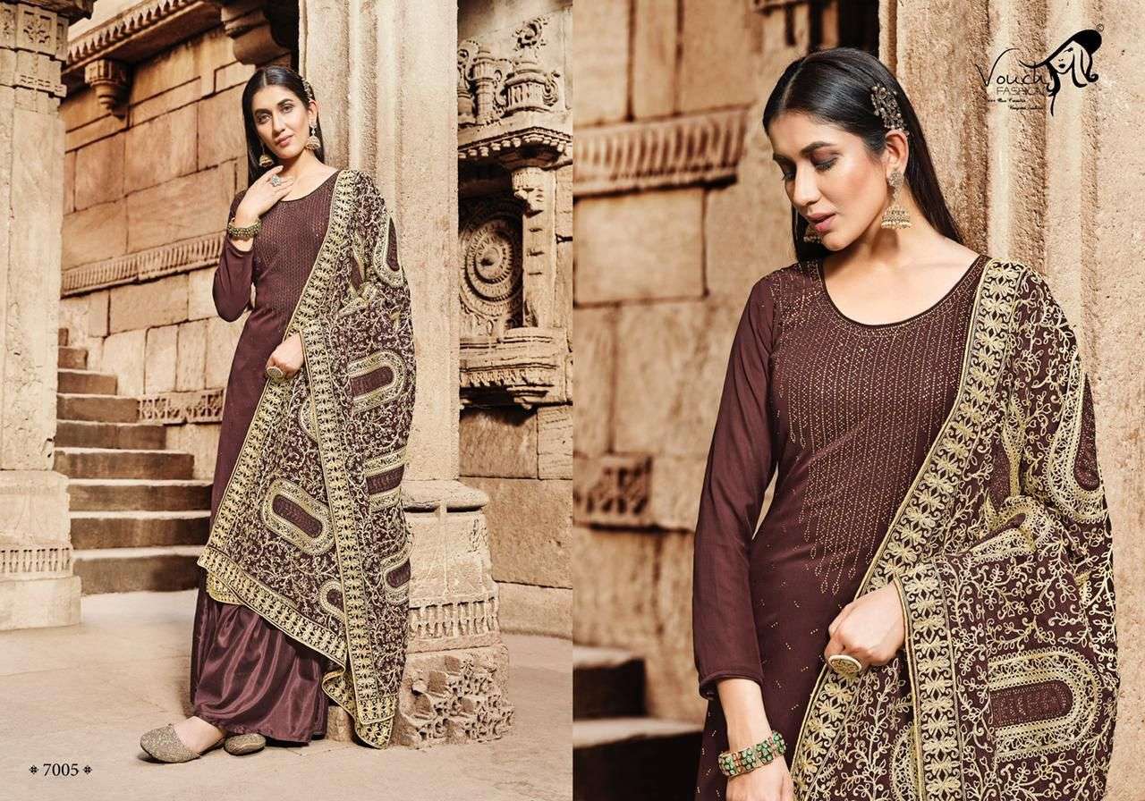 NAARI VOL-7 BY VOUCHE 7001 TO 7005 SERIES DESIGNER SHARARA SUITS COLLECTION BEAUTIFUL STYLISH COLORFUL FANCY PARTY WEAR & OCCASIONAL WEAR GEORGETTE DRESSES AT WHOLESALE PRICE