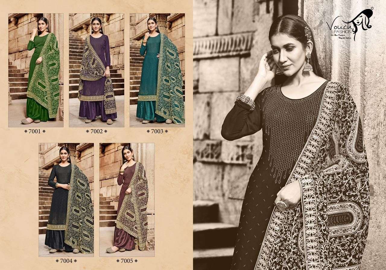 NAARI VOL-7 BY VOUCHE 7001 TO 7005 SERIES DESIGNER SHARARA SUITS COLLECTION BEAUTIFUL STYLISH COLORFUL FANCY PARTY WEAR & OCCASIONAL WEAR GEORGETTE DRESSES AT WHOLESALE PRICE