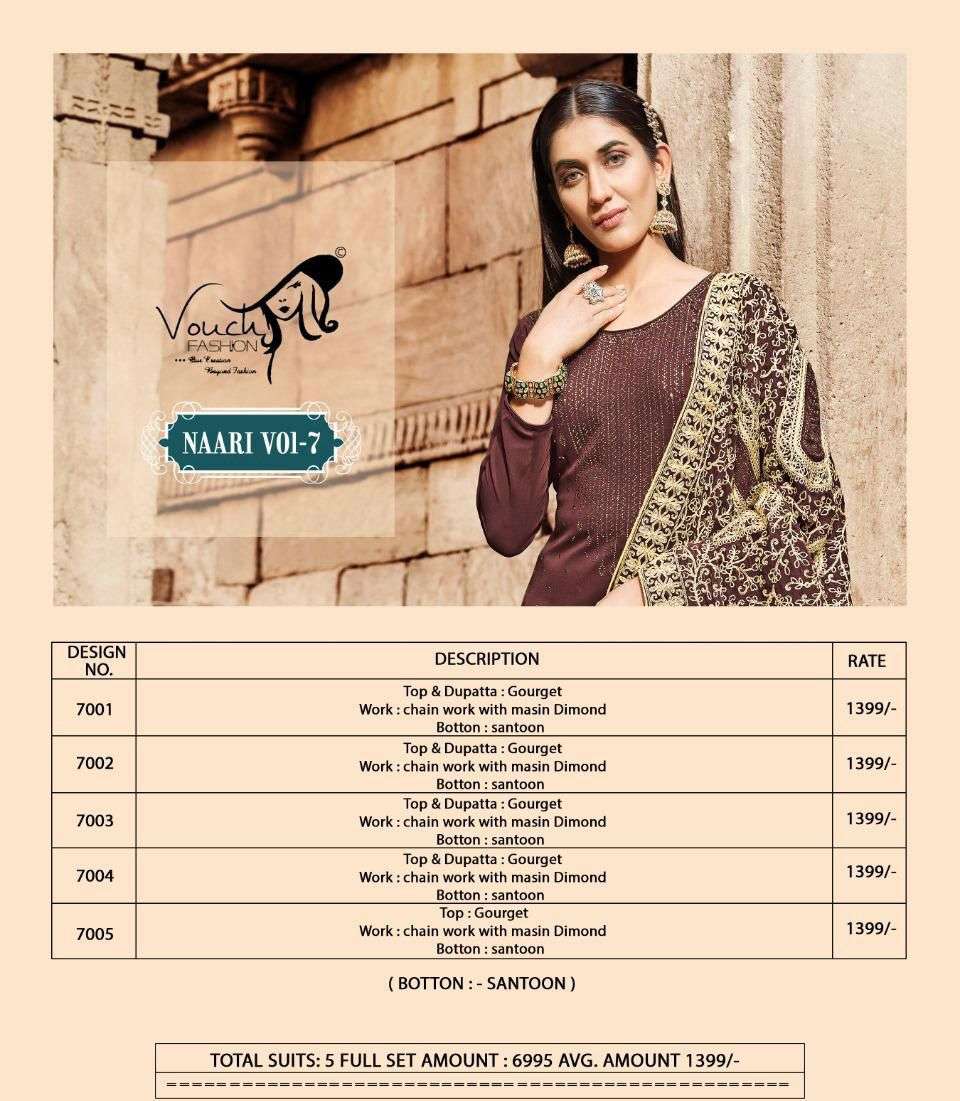 NAARI VOL-7 BY VOUCHE 7001 TO 7005 SERIES DESIGNER SHARARA SUITS COLLECTION BEAUTIFUL STYLISH COLORFUL FANCY PARTY WEAR & OCCASIONAL WEAR GEORGETTE DRESSES AT WHOLESALE PRICE