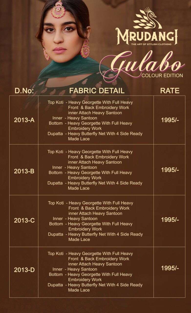 Gulabo Colour Edition Vol-2 By Mrudangi 2013-A To 2013-D Series Beautiful Stylish Sharara Suits Fancy Colorful Casual Wear & Ethnic Wear & Ready To Wear Heavy Georgette Embroidered Dresses At Wholesale Price