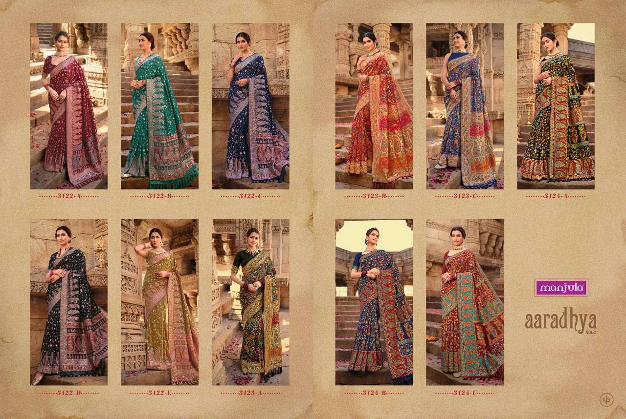AARADHYA VOL-2 BY MANJULA INDIAN TRADITIONAL WEAR COLLECTION BEAUTIFUL STYLISH FANCY COLORFUL PARTY WEAR & OCCASIONAL WEAR SILK SAREES AT WHOLESALE PRICE